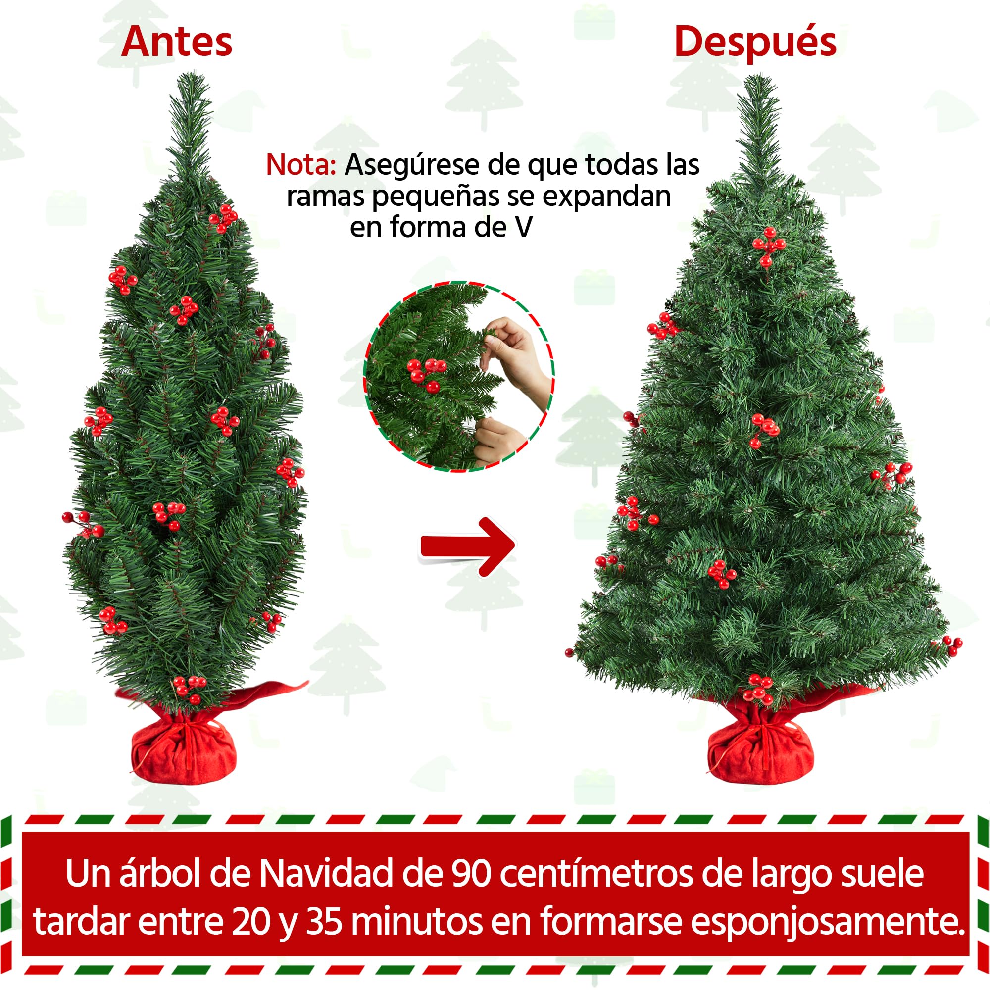 Yaheetech 90cm Mini Árboles de Navidad Artificiales de 96 Ramas, con LED