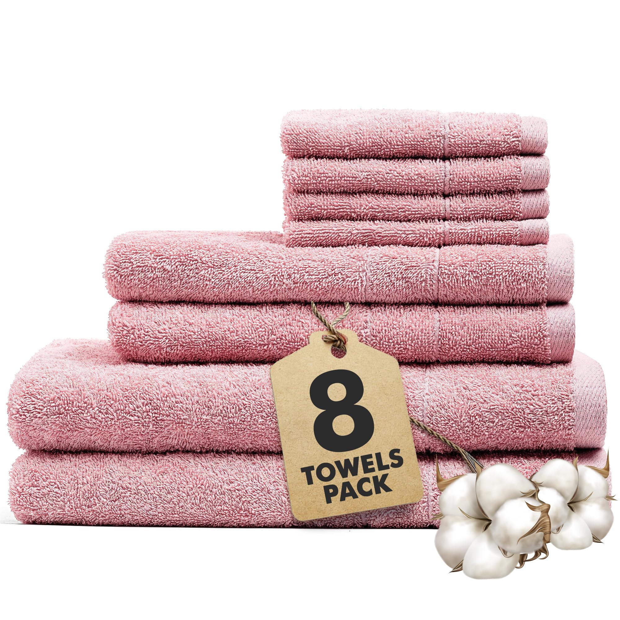 Novo Home Bath Towels Set of 8 – 550 GSM 100% Cotton Baby Pink Towel Set Bale Includes 2 Bath, 2 Hand, 4 Face Towels – Soft, Absorbent & Quick Dry Towel for Bathroom, Spa, Kitchen, Hotel Use