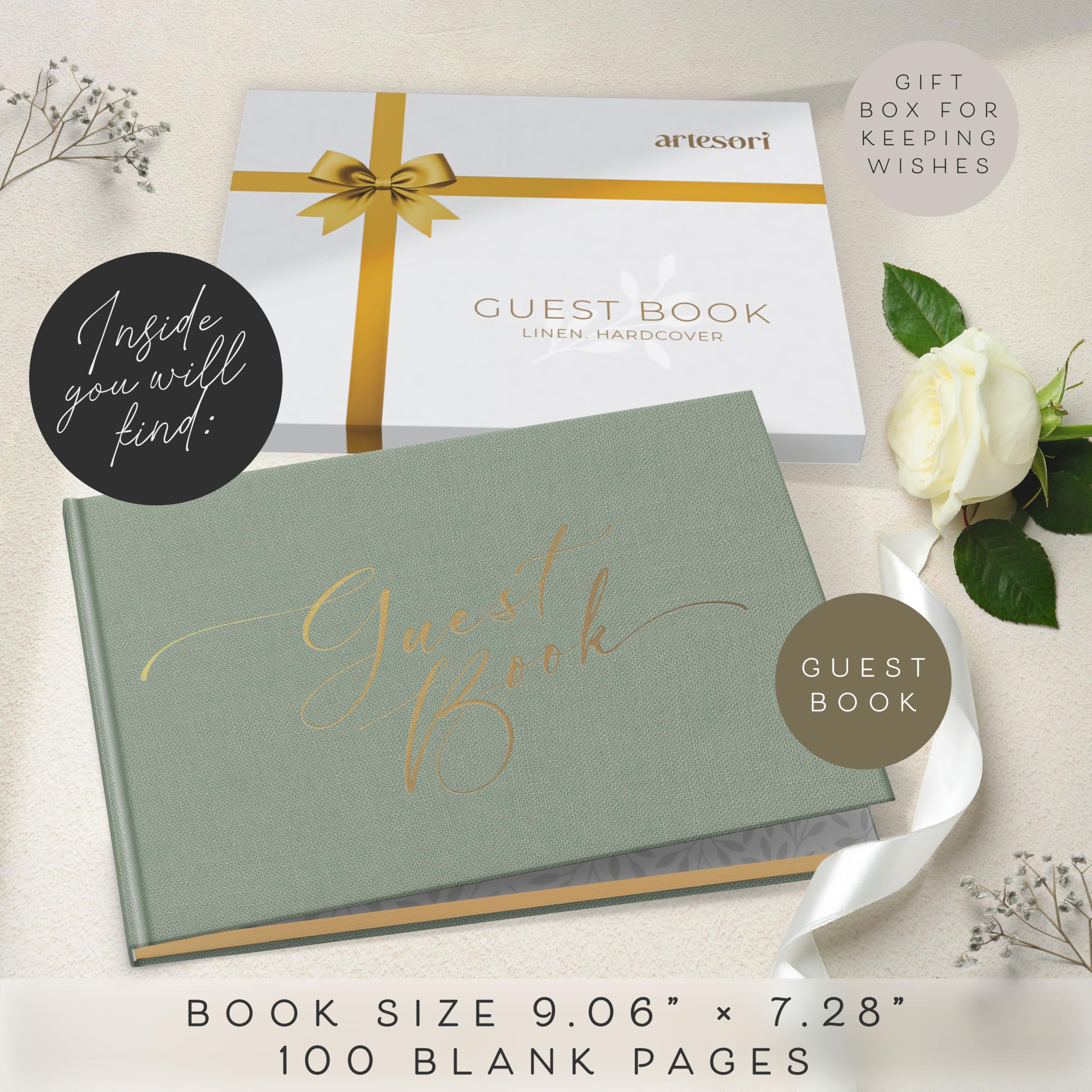 ARTESORI Gästebuch zur Hochzeit für den Empfang - Goldfoliertes Gästebuch zum Einloggen, elegantes Babyparty-Gästebuch für Party & Geburtstag - Foto- & Polaroid-Gästebuch für Hochzeit & Brautparty