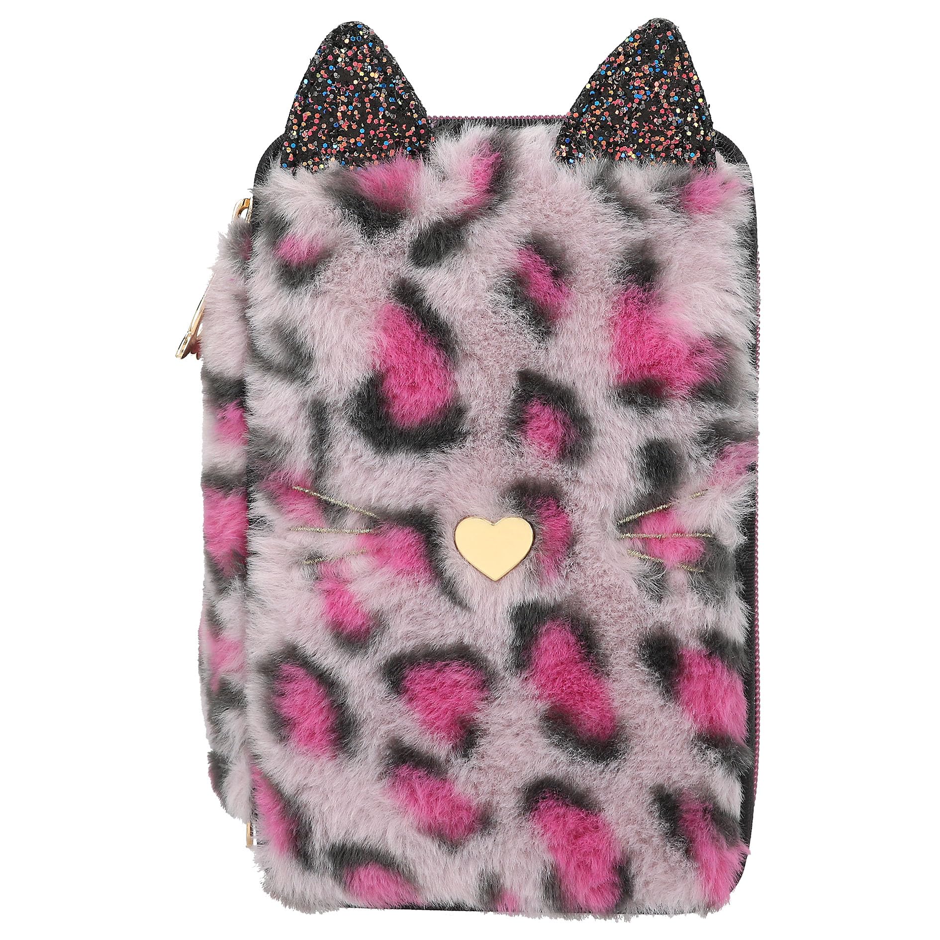 Depesche 13020 TOPModel Rebel Kitty Trousse à Crayons remplie à 3 Compartiments avec Fourrure léopard en Violet et Oreilles de Chat, Trousse avec Crayons de Couleur, règle, Ciseaux, etc.