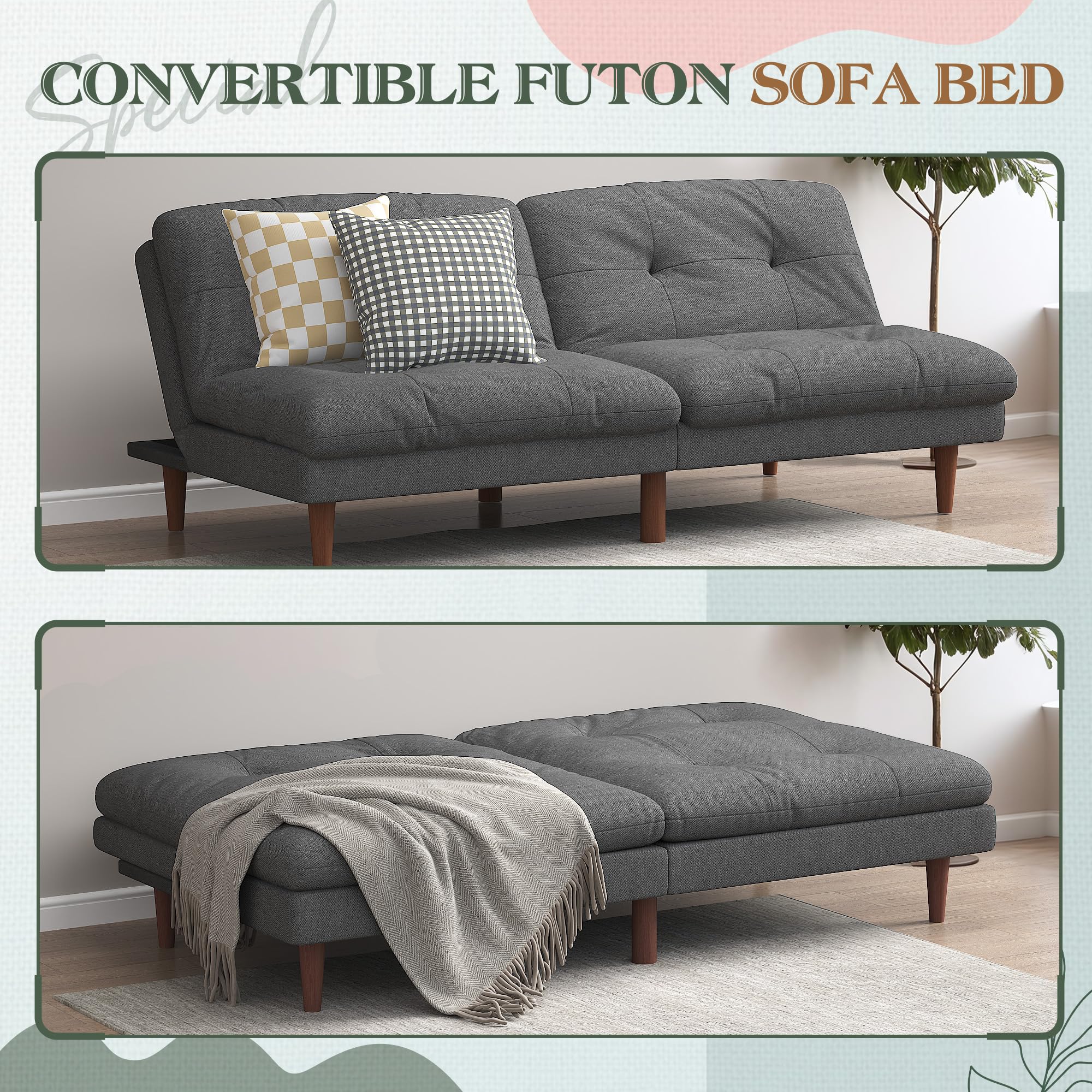Furmax 67'' Futon Sofa Bed, Modern Linen Couch with Adjustable Backrest | Upholstered Convertible Folding Futon, Reclining Sleeper Sofa Couch for Small Spaces, Apartment & Office | Grey