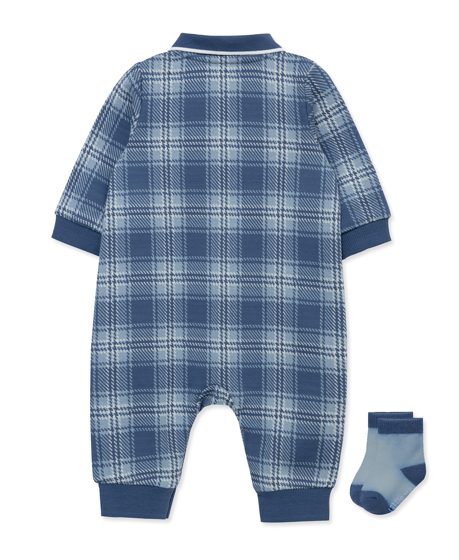 Little Me Clothes for Baby Boys' Plaid Coverall and Socks Set, Moonlight Blue, 6 Months