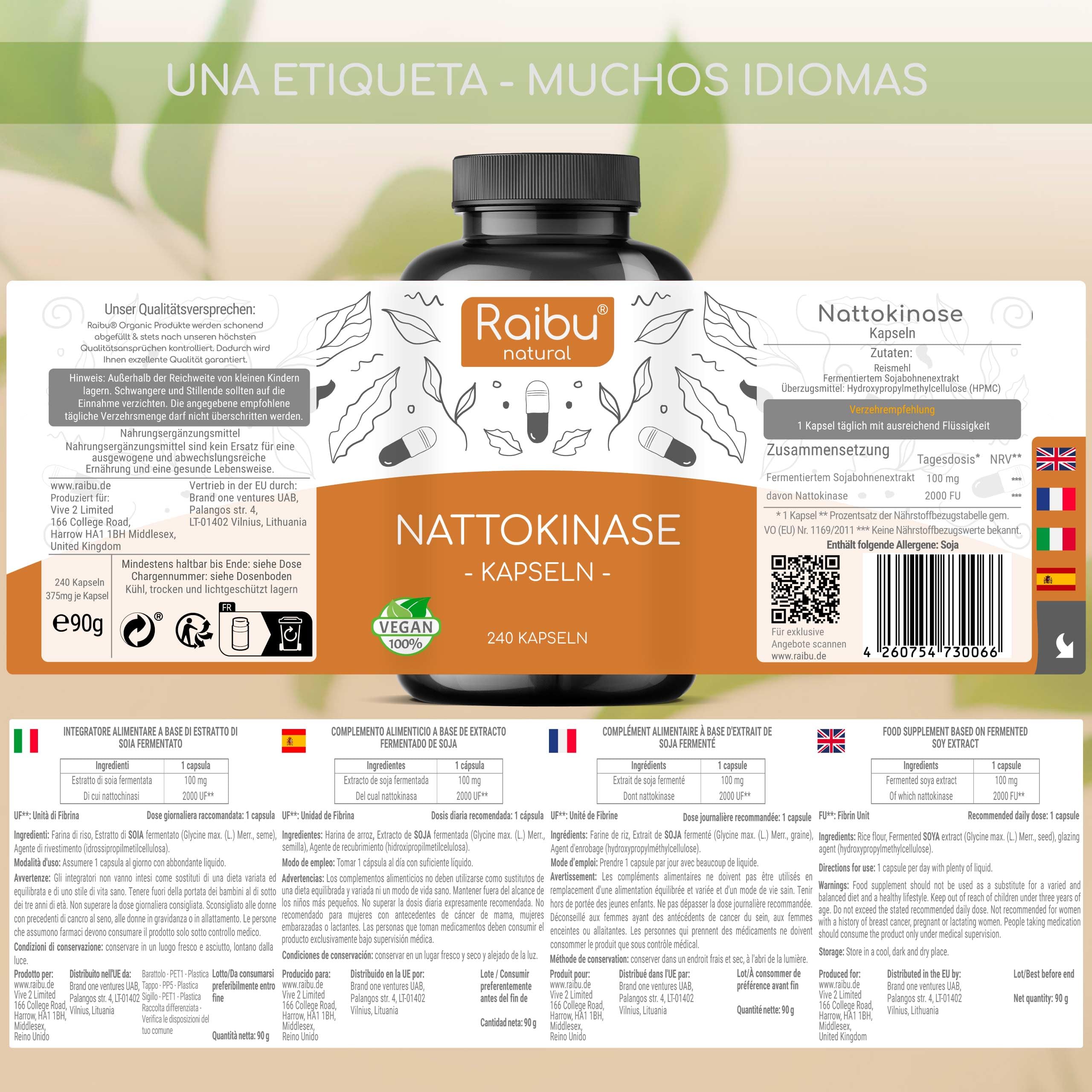 Raibu Nattokinase 240 Cápsulas - 100 mg de Alta Potencia (20.000 FU/g) - Suministro para 8 Meses & Vegano - Natto de Soja - Pureza y Calidad Certificadas