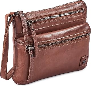 Small Triple Zip Real Leather Womens Crossbody- Premium Vintage Crossover Shoulder Sling Bag