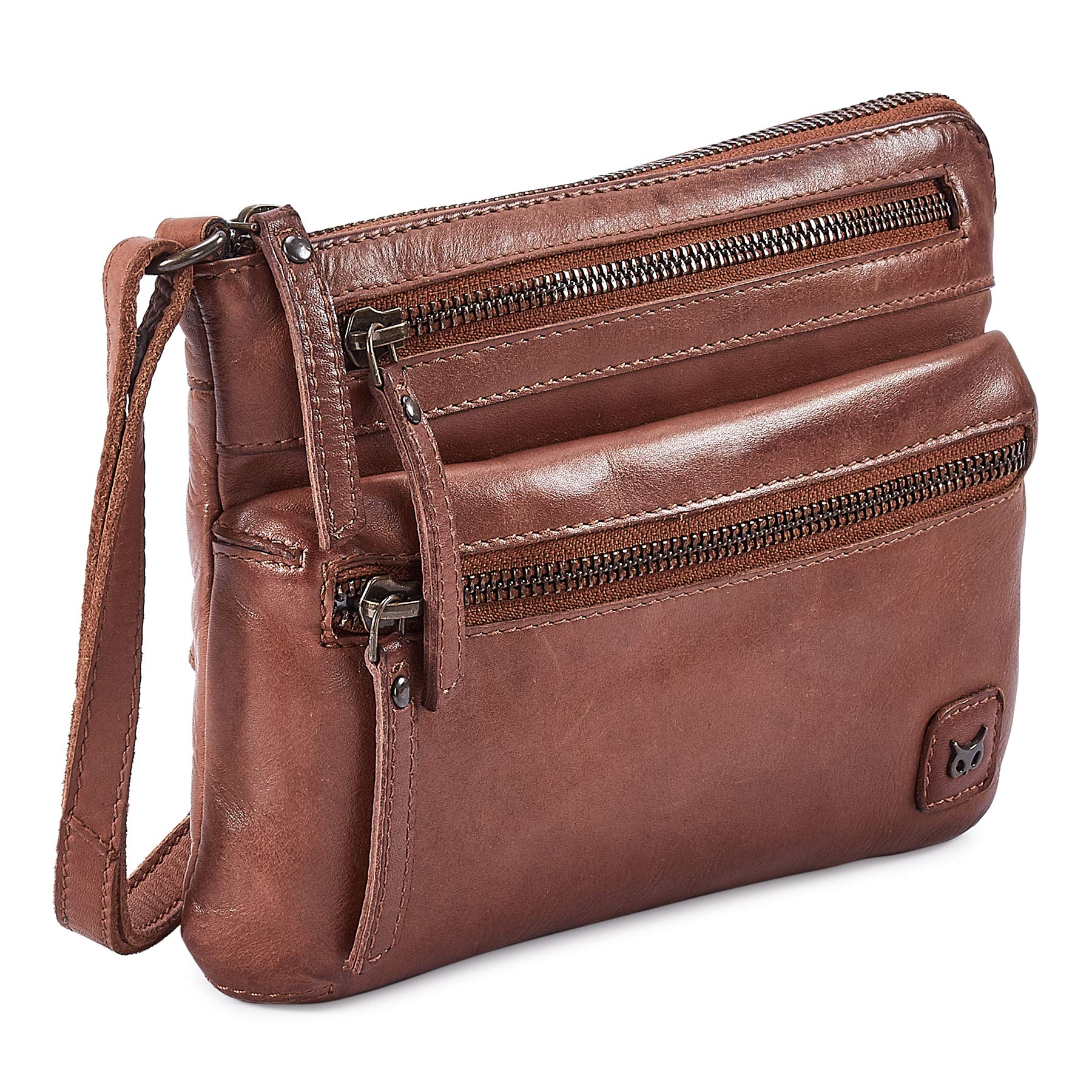 Small Triple Zip Real Leather Women's Crossbody- Premium Vintage Crossover Shoulder Sling Bag (Cognac Washed Vintage)