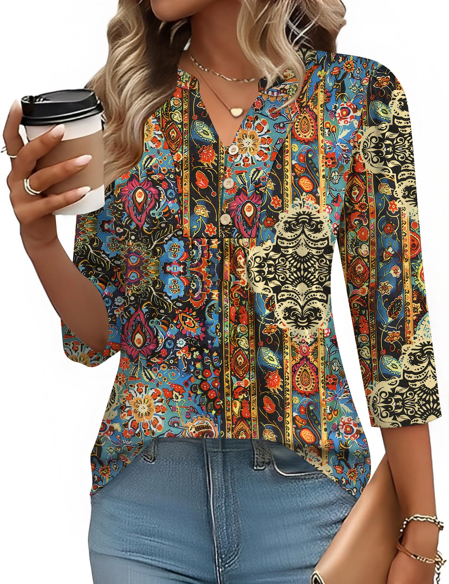 IECCP Bluse Damen 3/4 Arm Shirt V-Ausschnitt Tunika Sommer Tops Lässig Oberteil Elegant T-Shirt Mit Knopfleiste