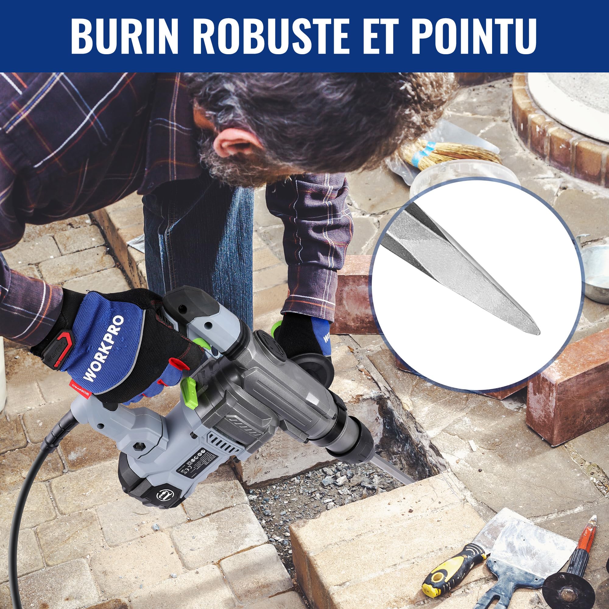 WORKPRO Jeu de Forets et Burins SDS Plus 17 Pièces, Forets à Béton avec Burins Pointus et Plats pour Maçonnerie