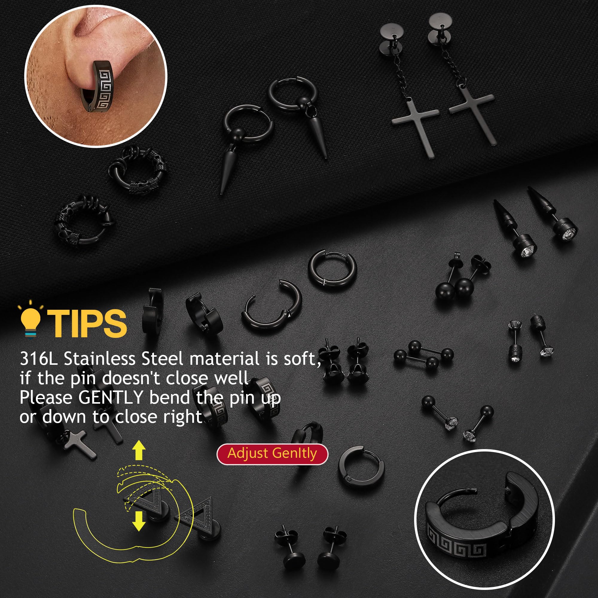 Dochais Orecchini Uomo Acciaio Inossidabile Orecchini a Cerchio Orecchini Pendenti con Croce Piercing Cartilage Zirconi Orecchini Set Punk Orecchino Nero per Uomo Donna