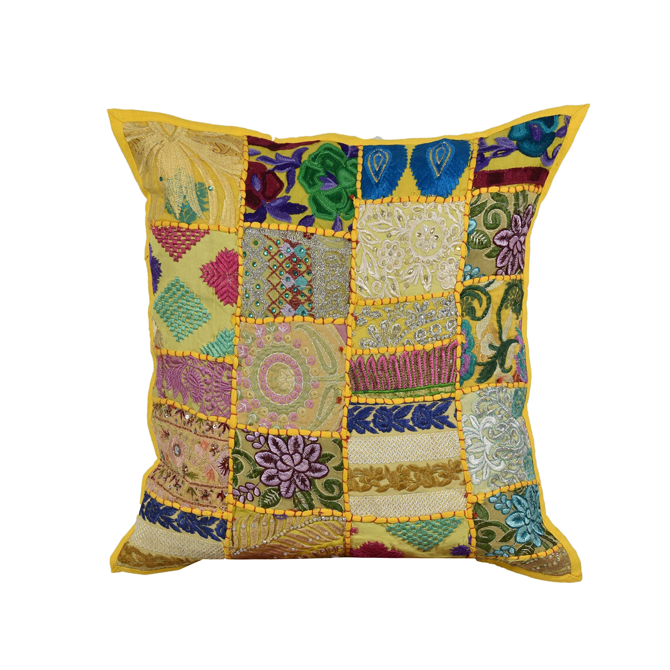 Indian-Shoppers Hippie Yellow Embroidery Patchwork 16’’ Cushion Cover Handmade Bedroom Pillows Throw Decorative Couch Bohemian Throw Home Décor Indian