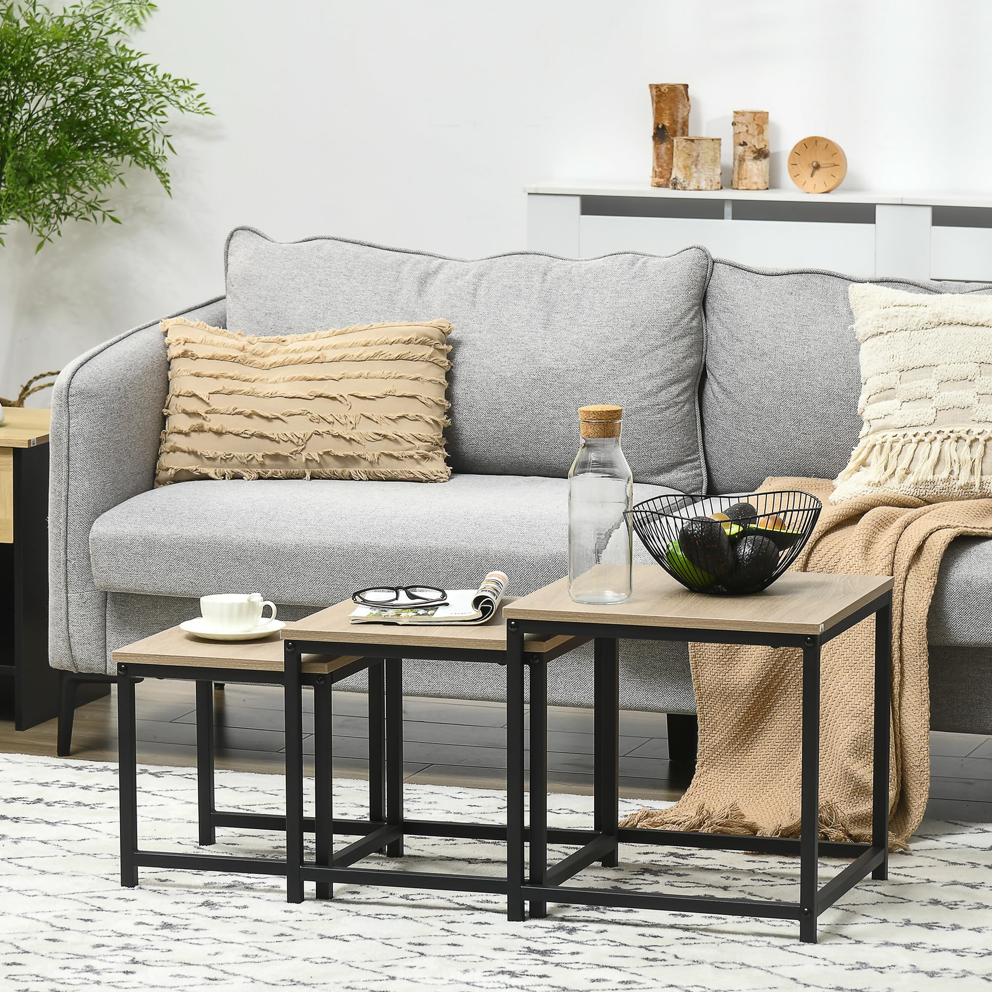 HOMCOM 3er-Set Couchtisch Quadratischer Beistelltisch Stahlrahmen Natur | Sofatisch, Kaffeetisch, Satztisch mit Holzoptik, Wohnzimmertisch im Industriedesign