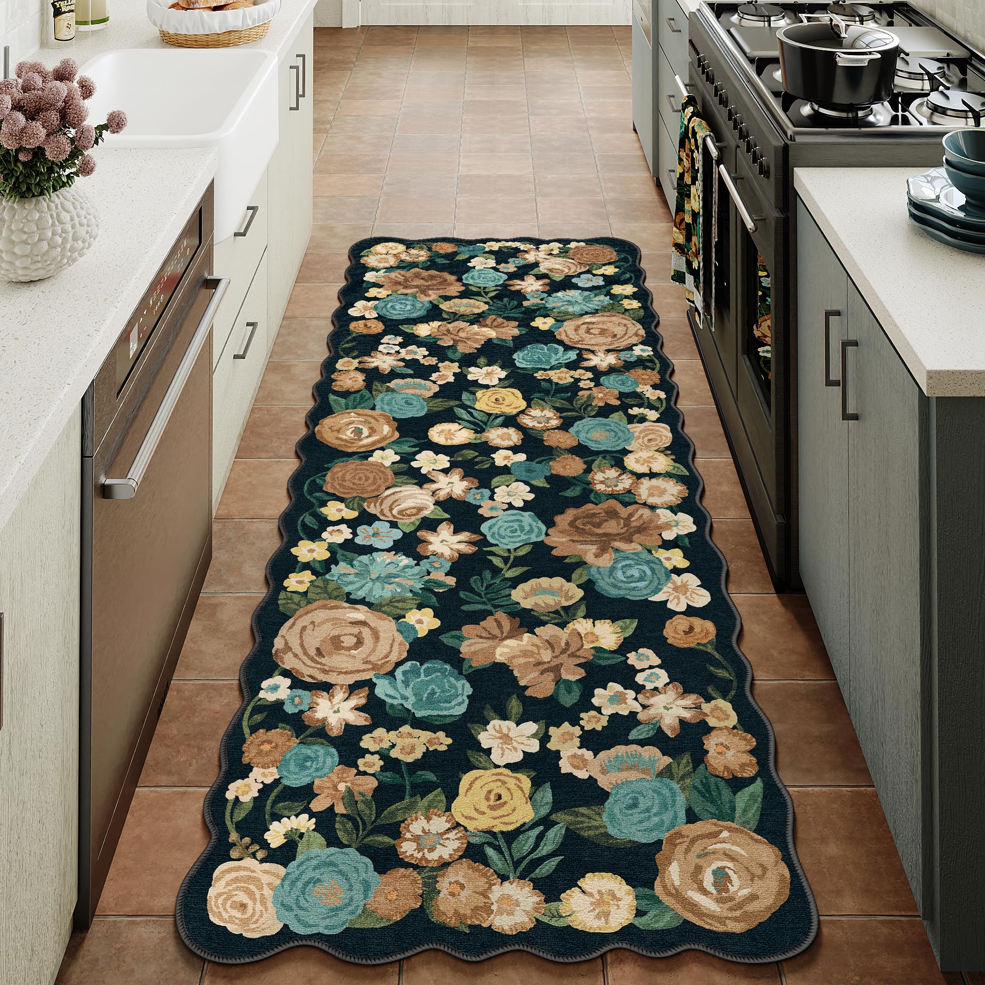 PureCozy Washable Floral Runner Rug 2x5 Black Hallway Carpet Scalloped Flower Non Slip Soft Long Kitchen Runner Farmhouse Low Pile Thin Indoor Floor