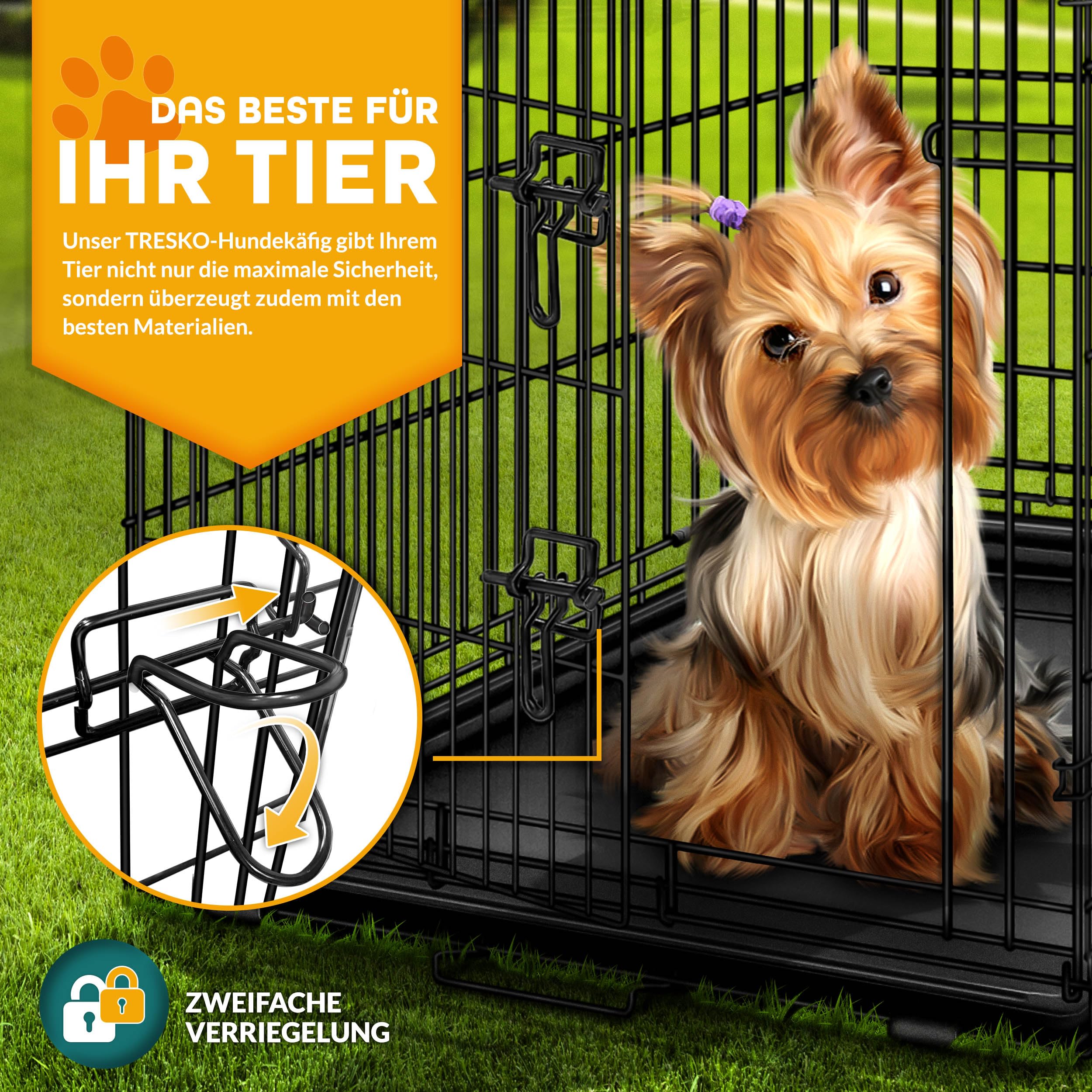 TRESKO Hundekäfig faltbar mit 2 Türen | Transportkäfig Auto | Hundebox mit Bodenschale | Transportbox Drahtkäfig (L 122 x B 74,5 x H 80,5 cm)