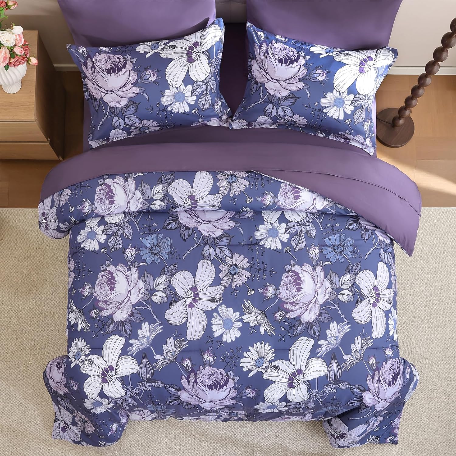 Luxudecor Queen Comforter Set 7 Pieces Bedding Sets,Grayish Purple Floral Comforter and Sheet Set, Soft Microfiber Bed in a Bag for All Seasons (Grayish Purple,90"x90")