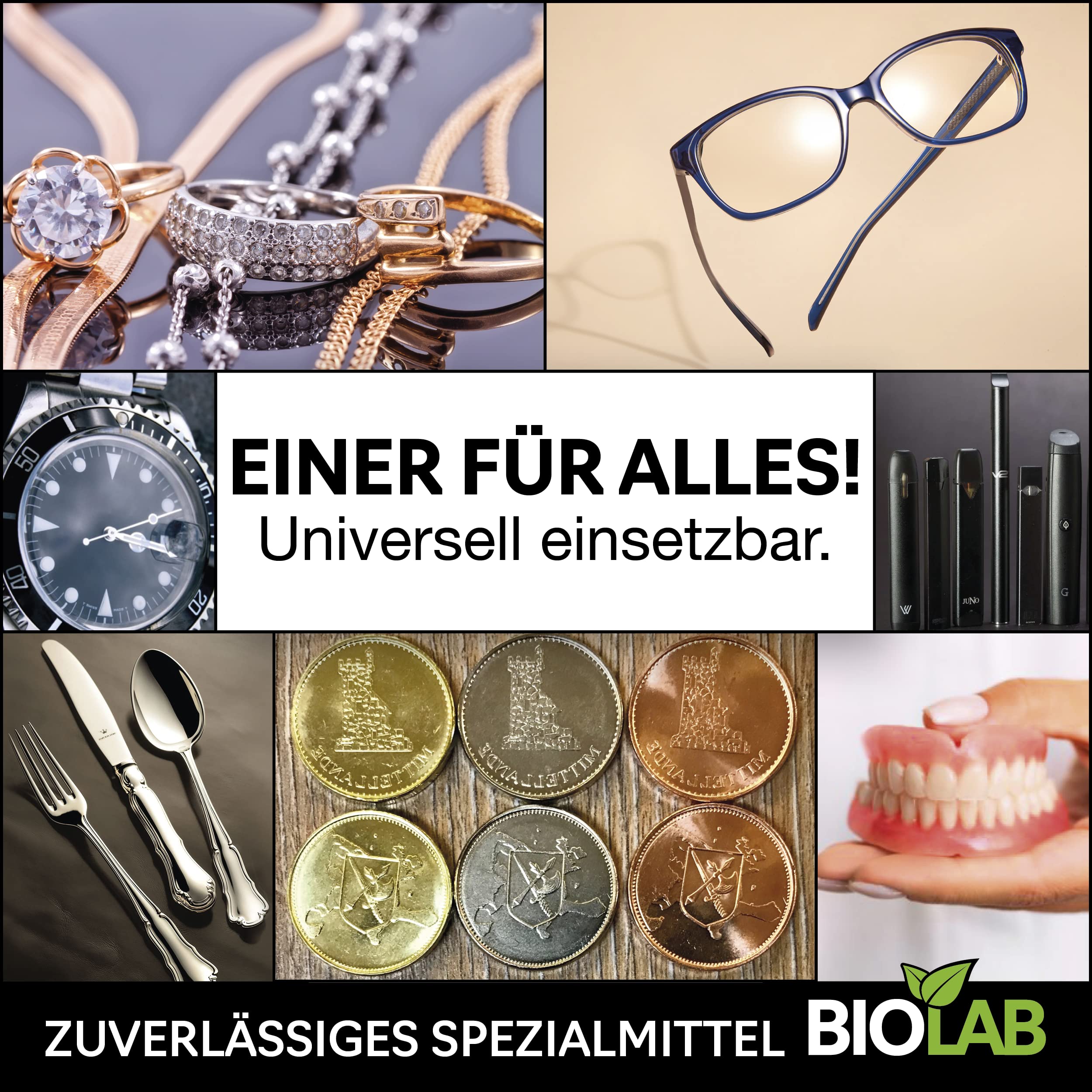 BIOLAB Nettoyant ultrasonique bio concentré 1:100 (1000 ml) pour le nettoyage des lunettes, bijoux, pièces de monnaie, prothèses dentaires - Liquide pour appareil de nettoyage à ultrason