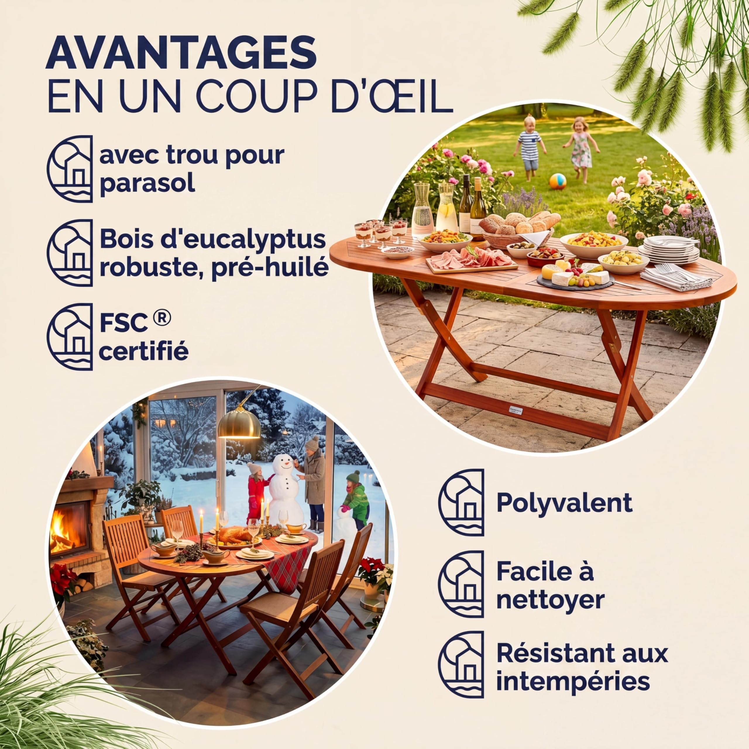 Casaria Table D Extérieur Alabama Salon De Jardin Ovale 6 Personnes Bois Eucalyptus Pliable avec Trou pour Parasol