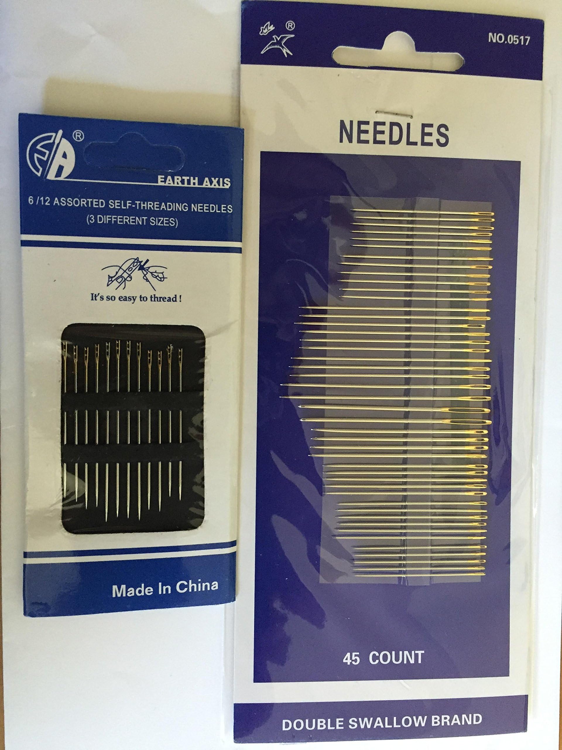 Hand Sewing Needles and Self threading needle Sets. Gold Plated Embroidery Mending Craft Quilt Case (1 set of 45 needles and 1 set of 12 self-threading needles per order). Helpful Scrapbooking Tools