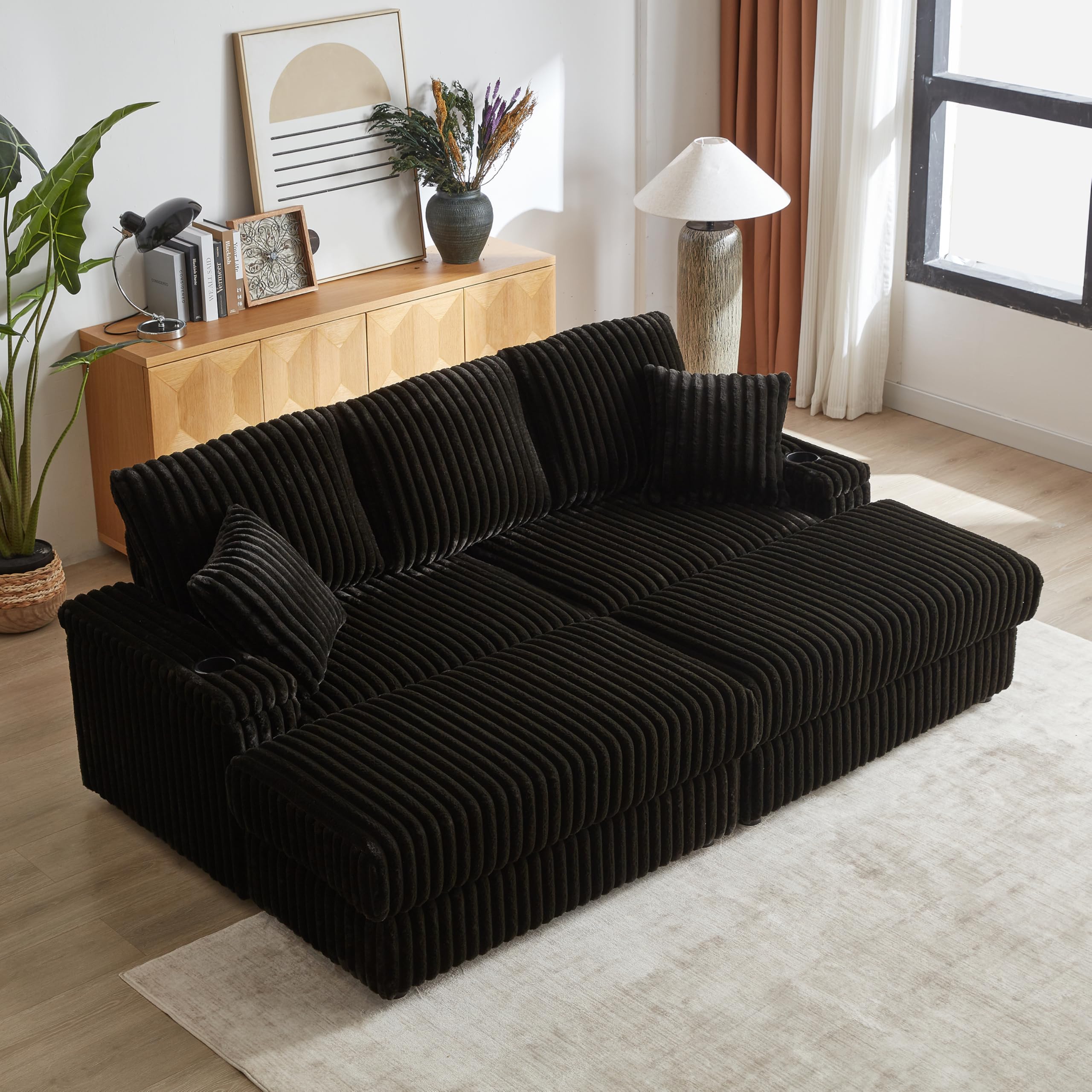 WILLIAMSPACE 84" Sectional Sofa Cloud Couch with 2 Ottomans for Living Room, Modern Upholstered 3 Seater Sofa Deep Seat Reading Chair Couch with Storage Arm, Reclining Sofa Bed, Corduroy (Black)