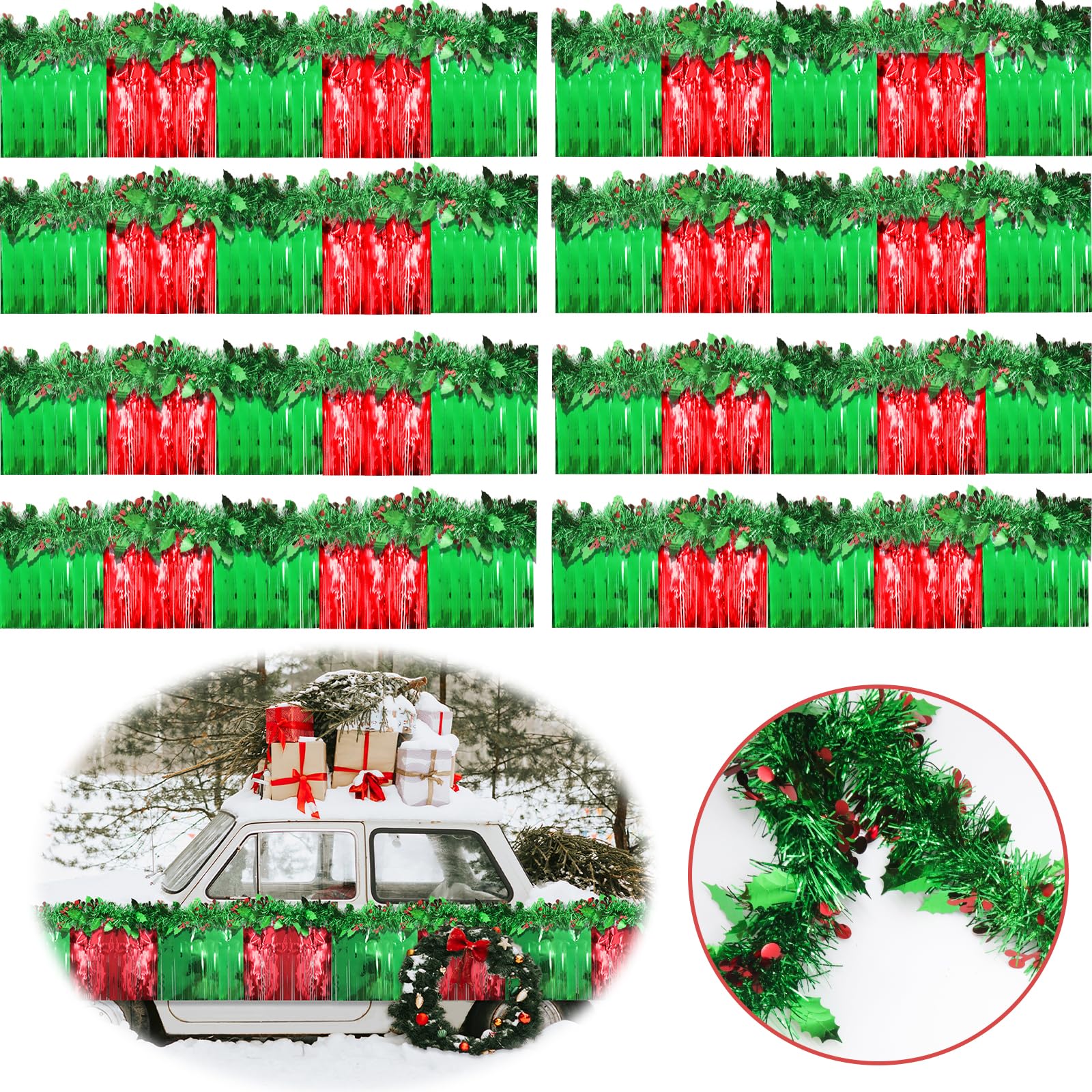 16 Pcs Christmas Parade Float Decorations Including 8 Pcs 9.9 ft Red Green Metallic Foil Fringe and 8 Pcs9.9 ft Tinsel Garlands for Christmas Party Car Decorations