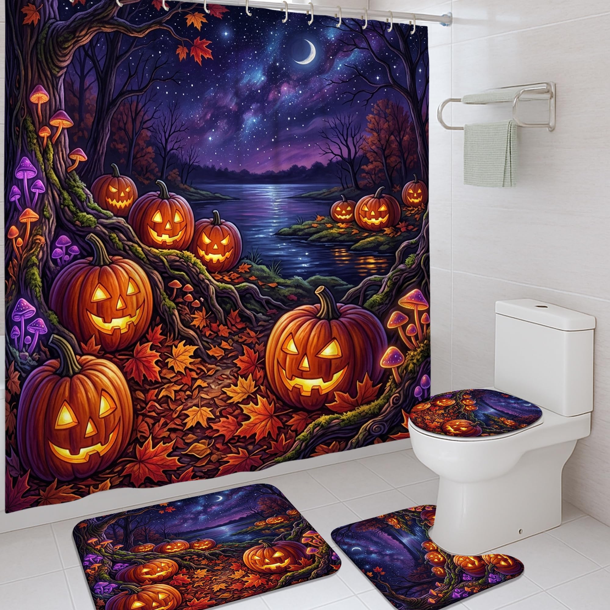 Rideau de douche en tissu imperméable orange 183x183 motif citrouilles lune