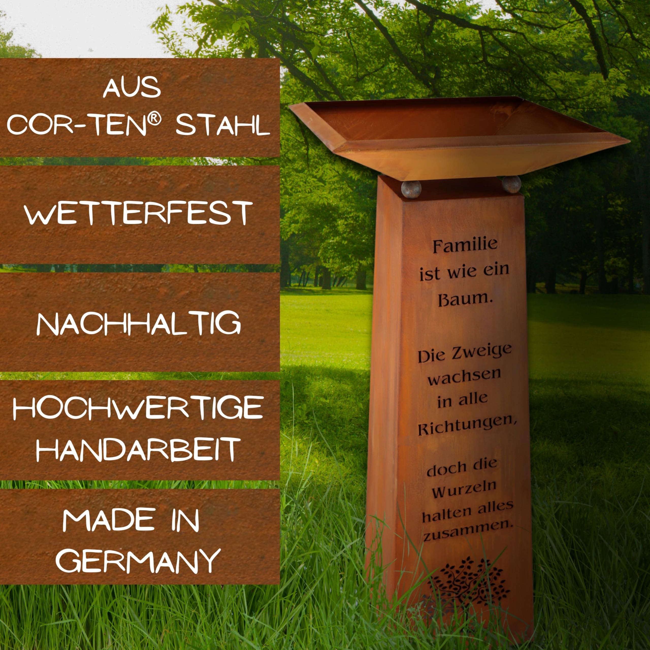Rostikal Edelrost Gartendeko Säule 1,15 m Familien Spruch mit Dekoschale Rost Wohndeko (Schale 50 x 50 cm)