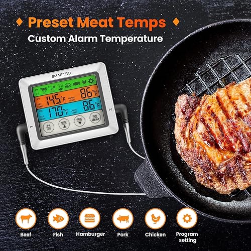 Miniatura 5 de SMARTRO ST54 Termómetro digital de carne de doble sonda para cocinar alimentos, cocina, horno, barbacoa, parrilla con modo temporizador y sondas de