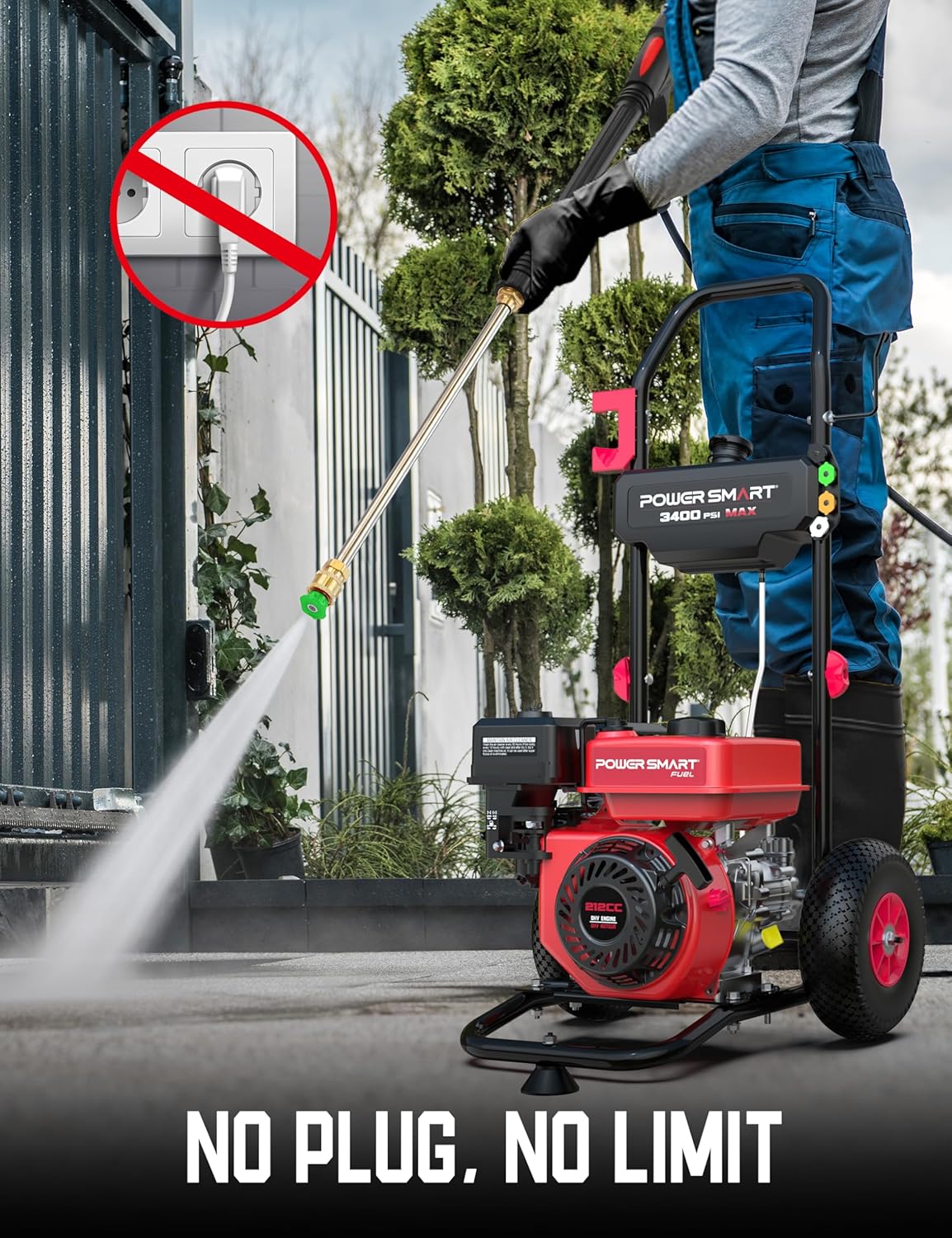 Man using gas pressure washer to clean a concrete surface without electrical plug