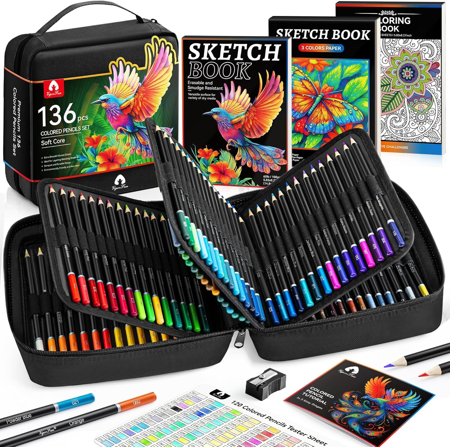 136 PCS Pencil Crayons Set for Adult Coloring Books, 120 Soft Core Colored Pencils, 3-Color Sketch Book, Coloring Book, Sharpener, Pro Art Supplies for Adults Beginners Artists Drawing (Black)