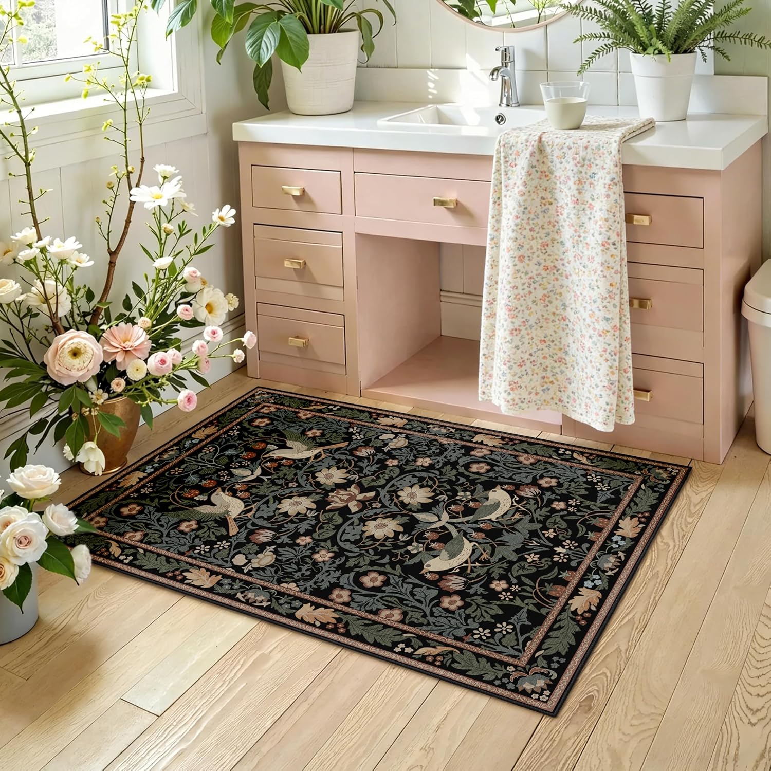 Small Rugs 2'x3',Boho Rug for Entryway Bathroom Kitchen Entrance Doormat,Farmhouse Bohemian Botanical Distressed Washable Accent Indoor Mat Floor Throw Carpet Non Slip,Black Floral Bird