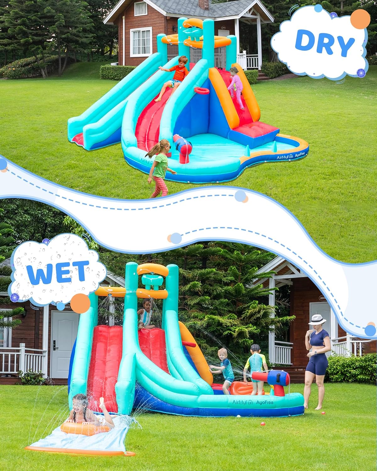 AirMyFun Giant Inflatable Water Slide, Kids Water Bounce House Extended Waterslide Water Park with Blower Outdoor & Indoor