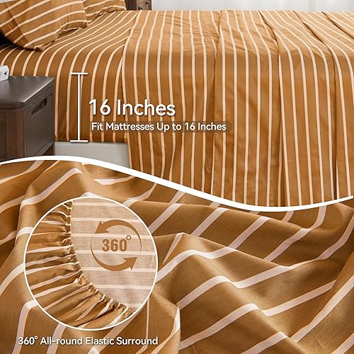 Miniatura 2 de JELLYMONI Juego de ropa de cama de algodón natural, 4 piezas de sábanas anchas a rayas óxidas, tamaño matrimonial