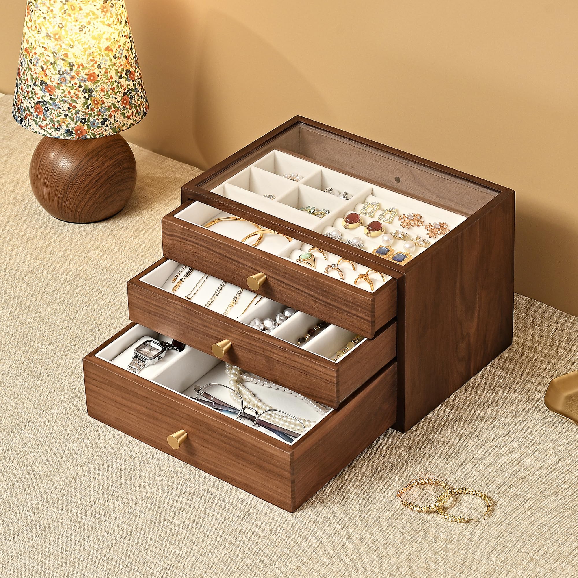 Black Walnut Jewelry Box for Women, 3 Layer Wooden Organizer with Glass Lid