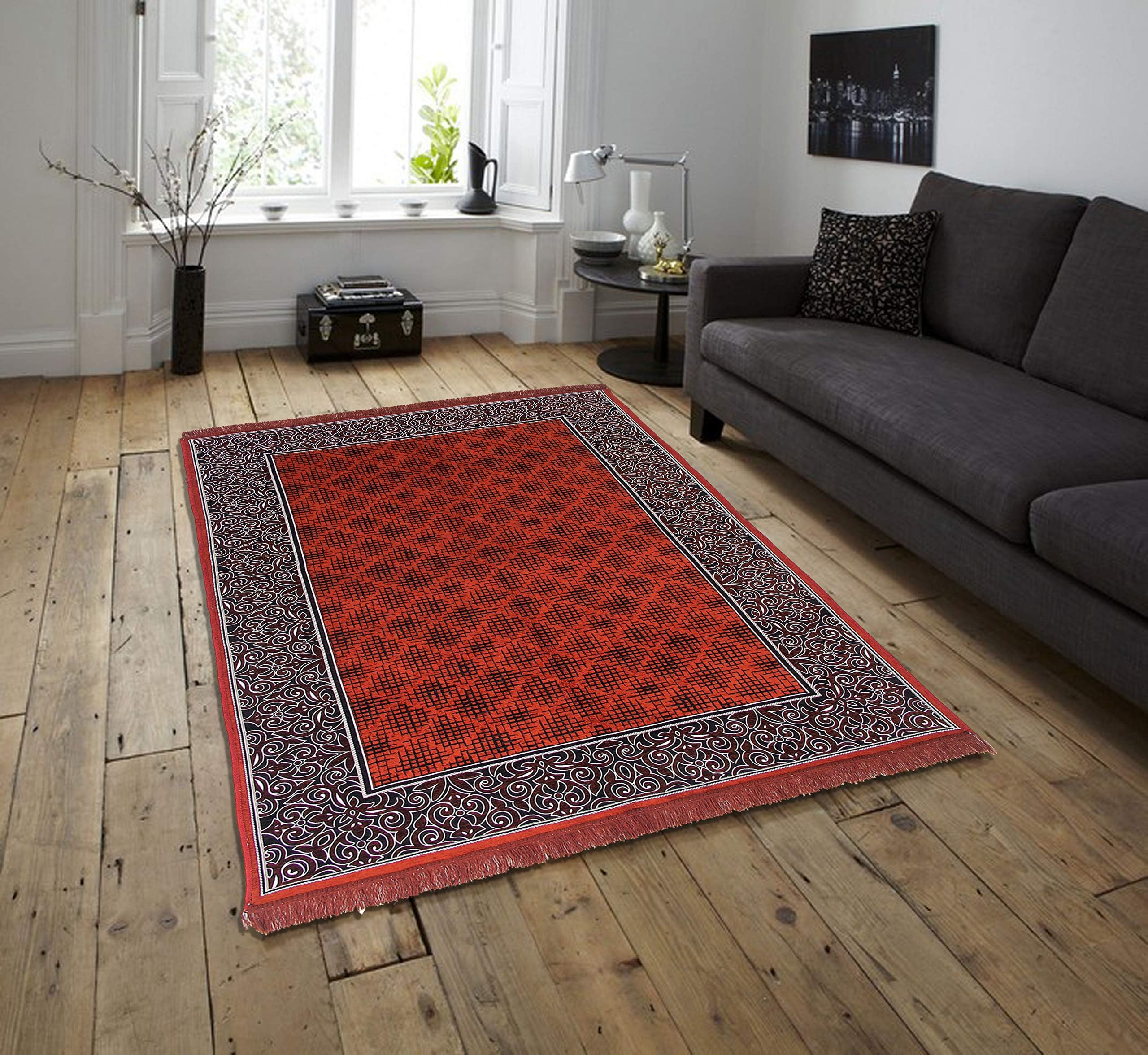 Zesture Home Flat Weave Reddish-Black Geometrical Design Living Room Bedroom Kitchen Multipurpose Carpet Area Rug Dhurrey Mat - 5 Feet X 7 Feet,Reddish Black