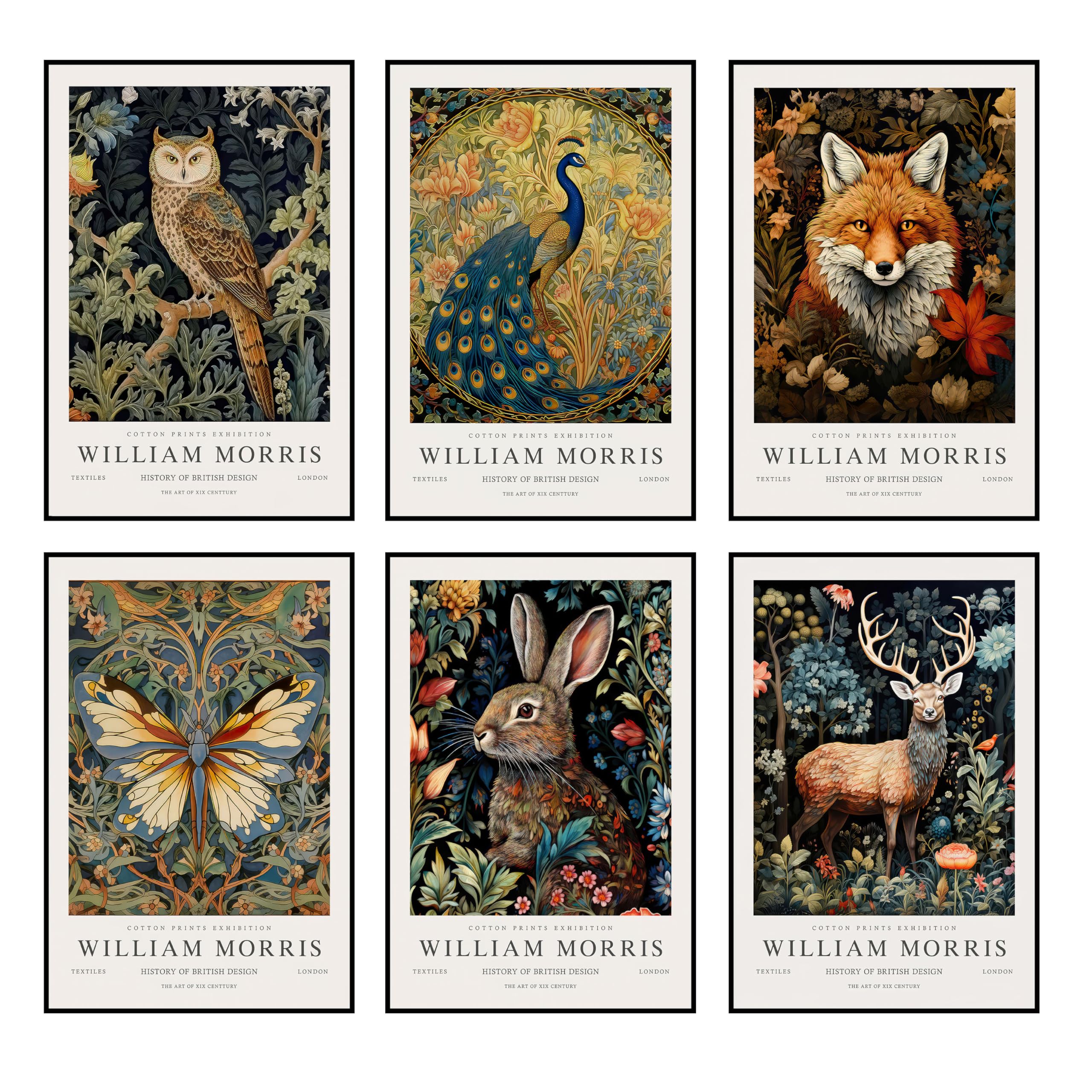 Yofab Animal Un'framed 01 William Morris Animal Wall Art, Fox, Rabbit, Sika, Deer, Butterfly, Owl, Peacock, Canvas Poster, Prints, Forest, Wildlife Pictures, Gothic, Botanical Flower Oil, Wall Decoration For