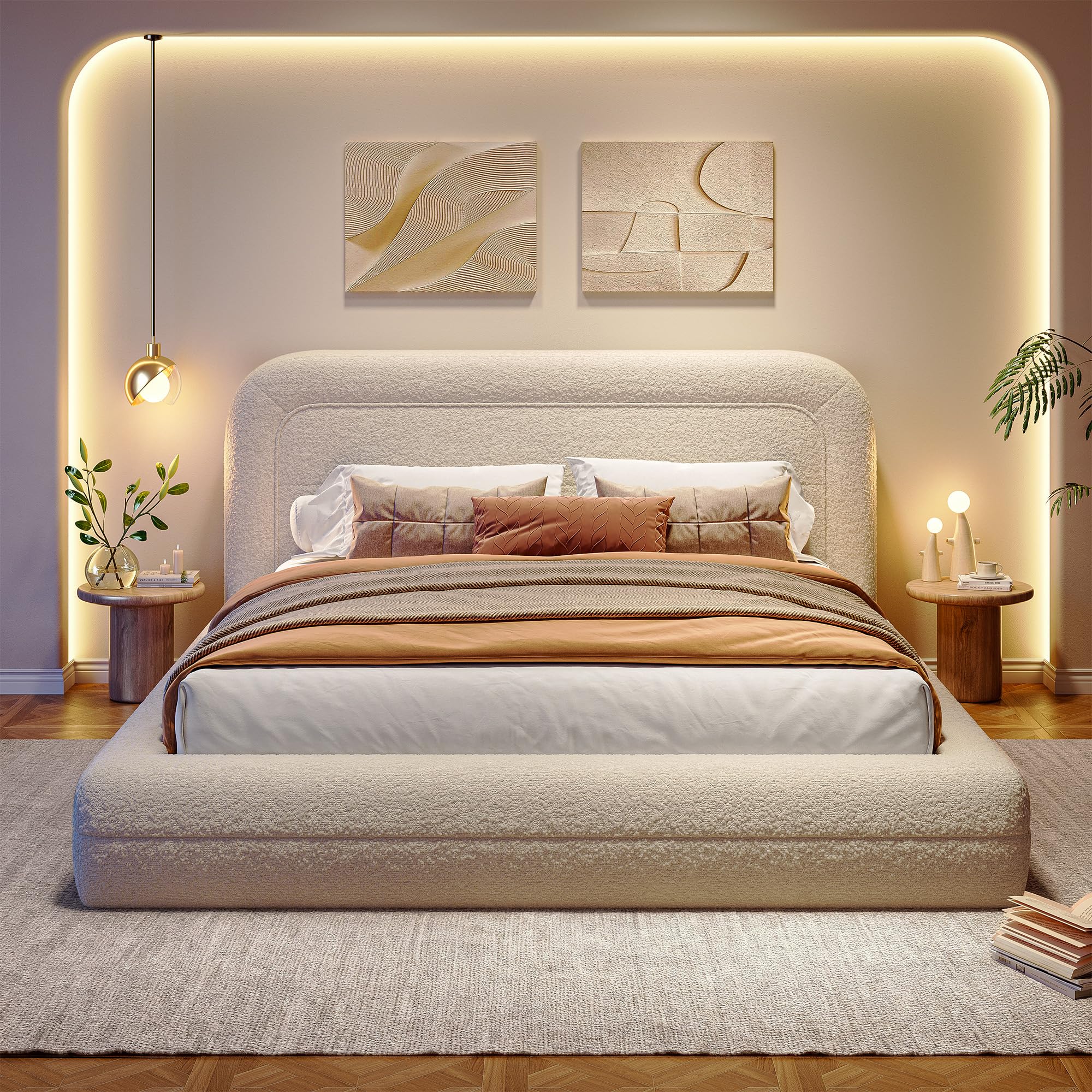 Homkdom Full Bed Frame with Headboard, Upholstered Cloud Bed Frame, Anti-Collision Soft Rounded Corners, Boucle Platform Bed for Modern Bedrooms, Apartments, Guest Rooms, No Box Spring Needed,Beige ( No Box But has all pieces and hardware)