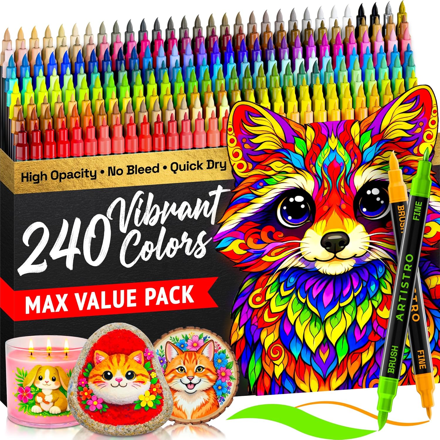 ARTISTRO 240 Acrylic Paint Markers - Paint Pens for Drawing, Brush + Fine Tips - For Fabric, Rock, Glass, Wood, DIY - Art & Craft Supplies for Adults, Teens, Kids - Teacher Appreciation Gift
