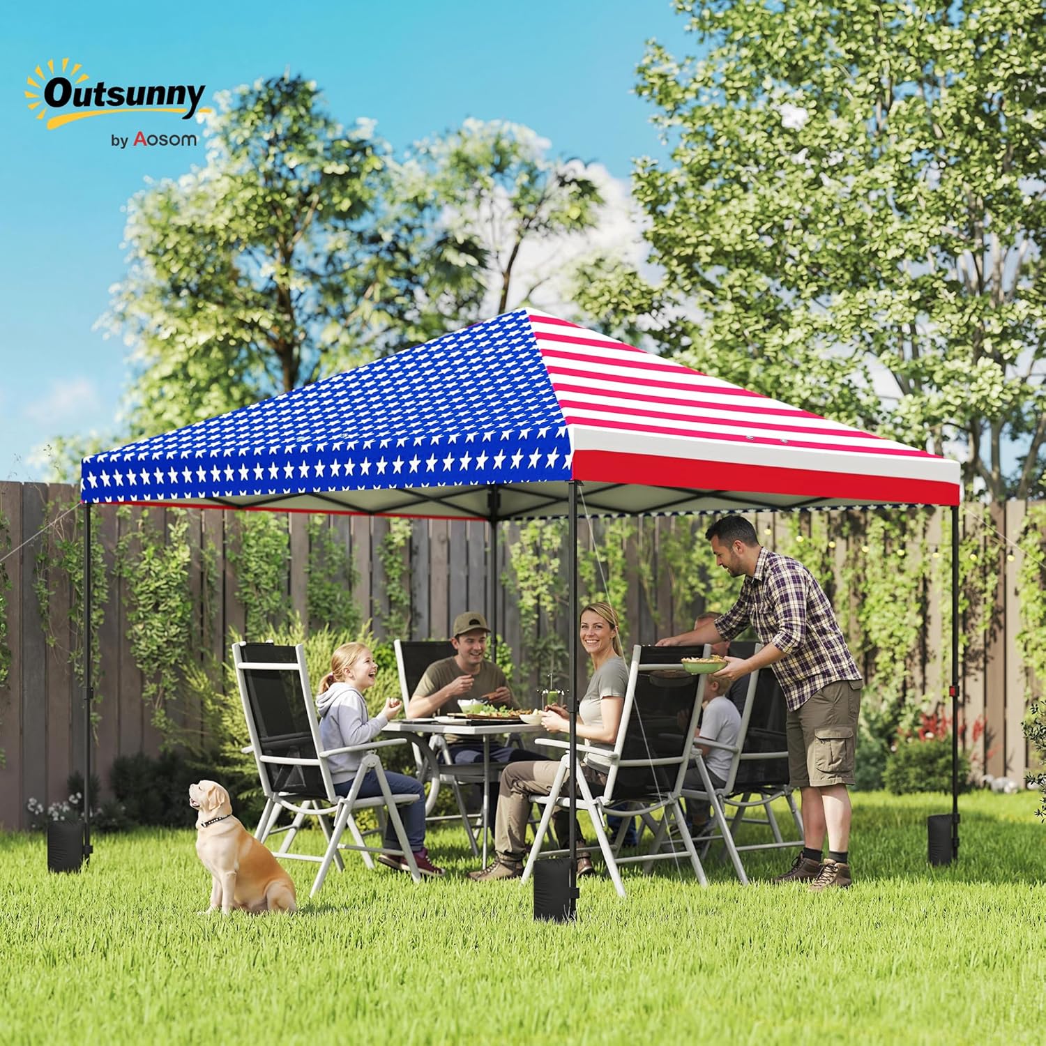 Outsunny 10 x 10 ft Pop Up Canopy Tent with One Push Setup, Easy Setup Outdoor Portable Instant Canopy Shelter with Wheeled Carry Bag, Sandbags, Adjustable Height for Parties, Events, American Flag