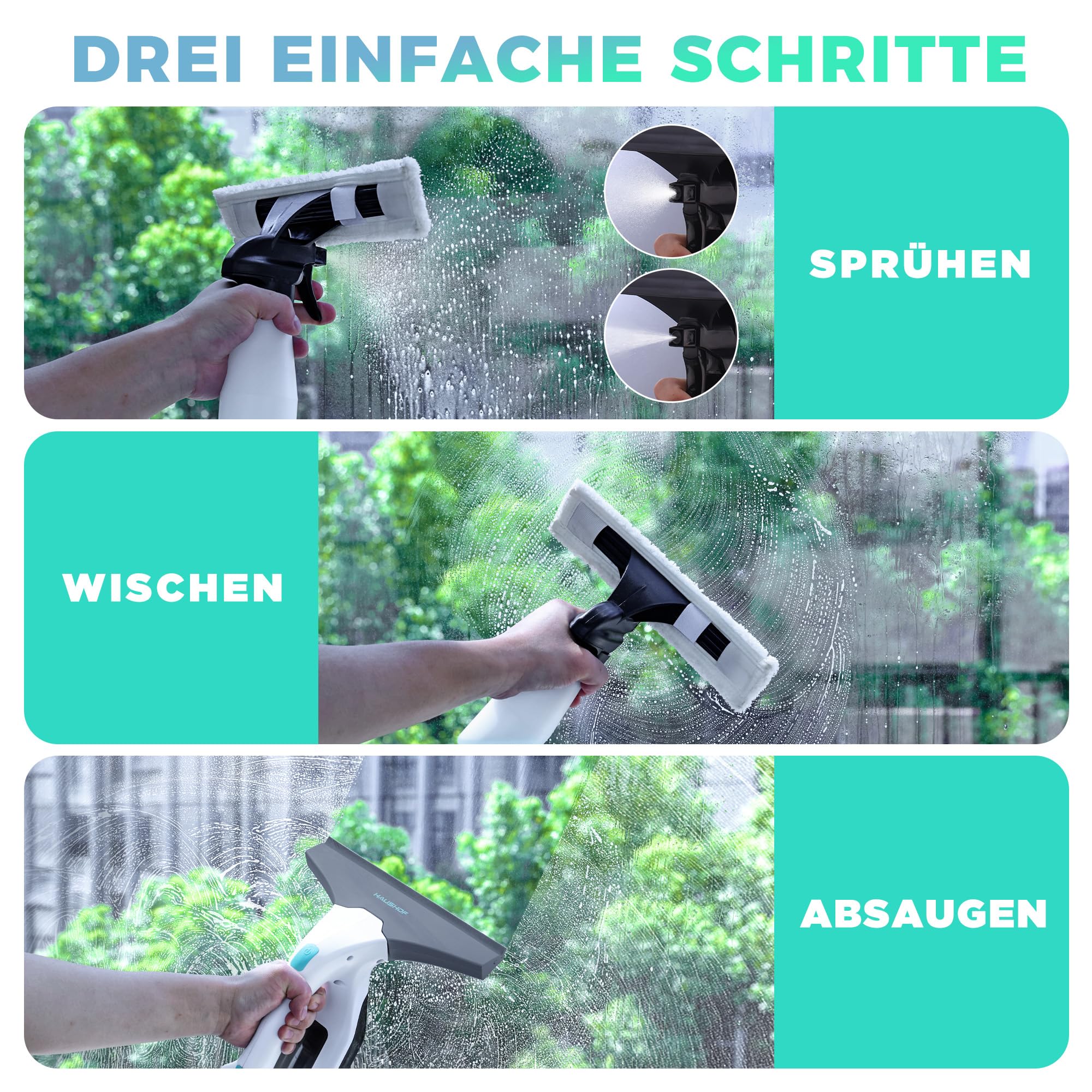 HAUSHOF Akku Fenstersauger Set, Kabelloser Fensterreiniger Fensterputzer mit 30 Min Laufzeit, 28 cm Saugdüse & 100 ml Wassertank, Streifenfreie Reinigung für Fenster, Spiegel und Fliesen