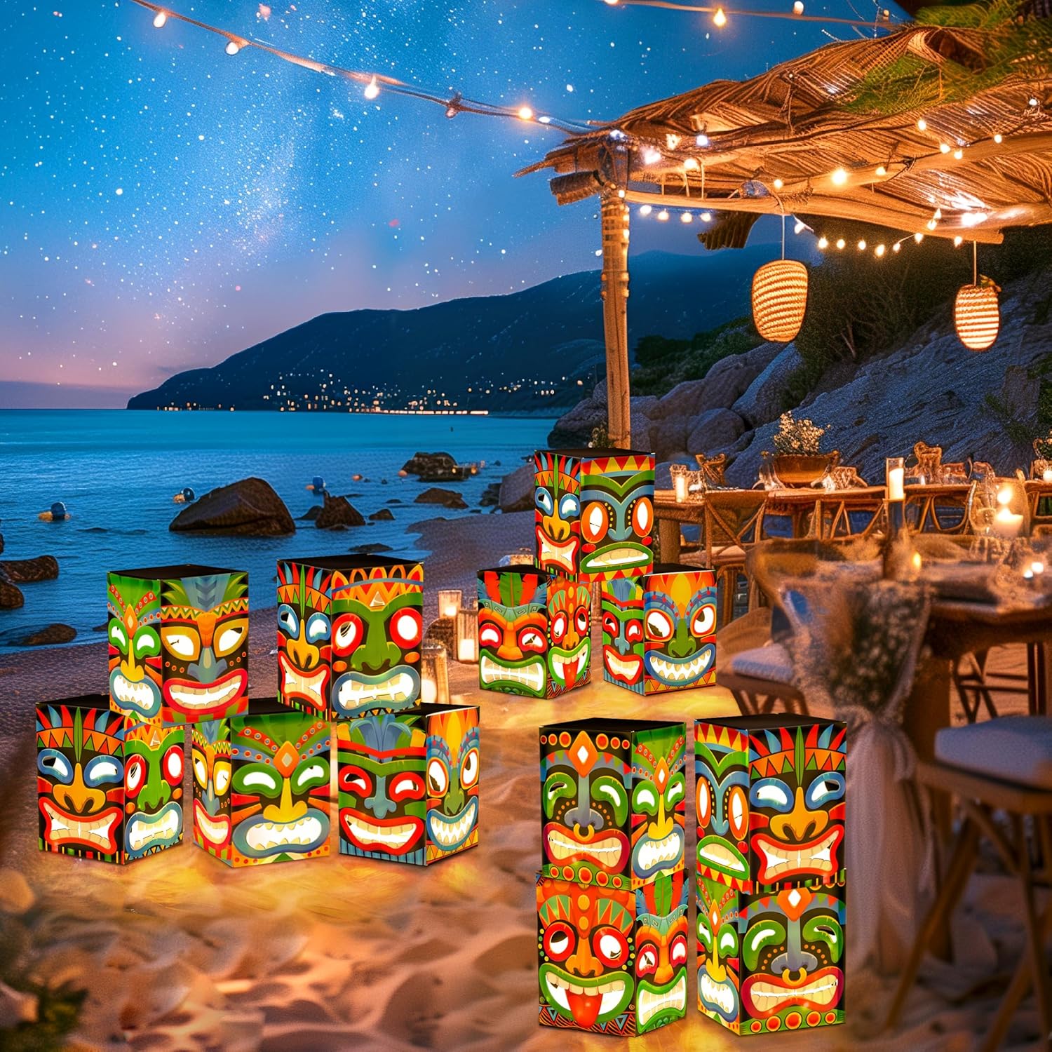 12pcs Hawaiian Luau Party Decorations Set – 9.84" x 7.08" Tiki Totem Pole Boxes with String Lights for Aloha Signs, Bar Decor, Tropical Birthday Supplies