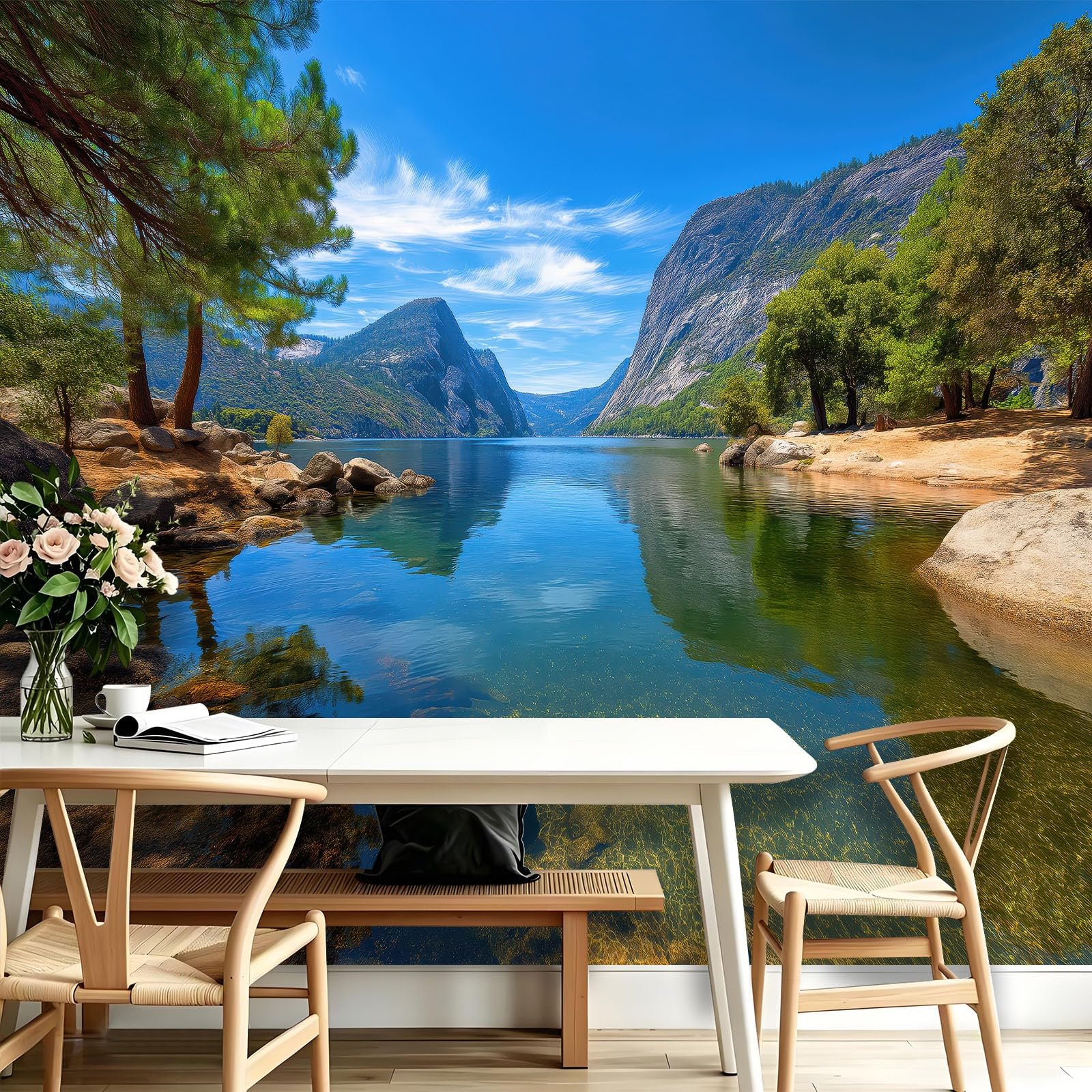 Papel pintado decorativo mural – Fotografía de naturaleza Eau de Lac Montañas – 400 x 280 cm grande – Mural Intejido – Póster mural Aesthetic Wall – Oficina Sala de Reuniones Sala