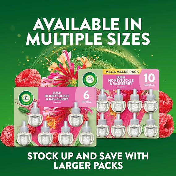 Air Wick Plug-In Scented Oil Refills, 6 Count, Lush Honeysuckle & Raspberry, Air Freshener, Essential Oils