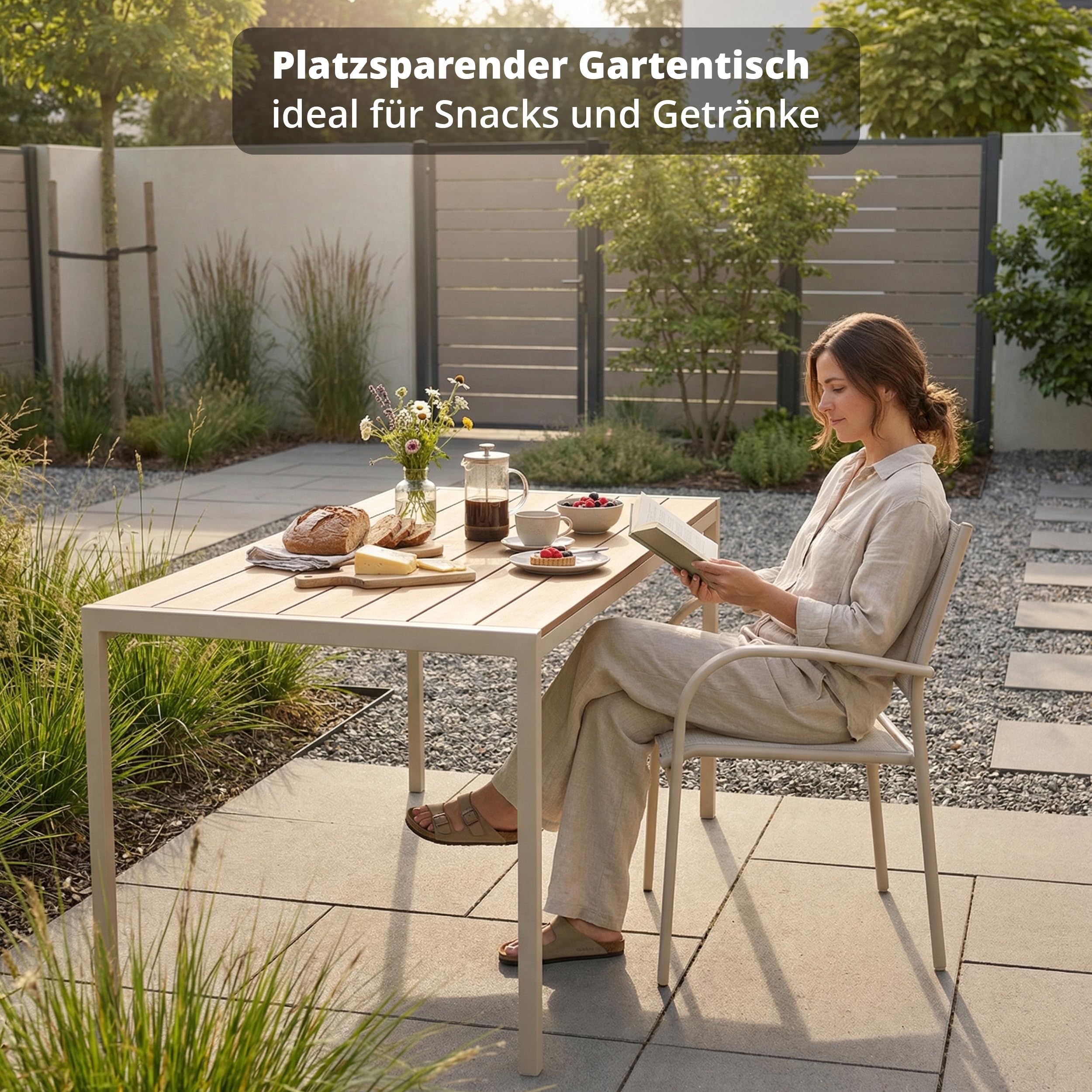 KHG Gartentisch beige, Esstisch Stahl-Gestell und Tischplatte Polywood | in Teak-Optik für 6 Personen, wetterfest UV-beständig, 83x75x140 cm, für Wohnraum und Alltag, praktisch für Zuhause