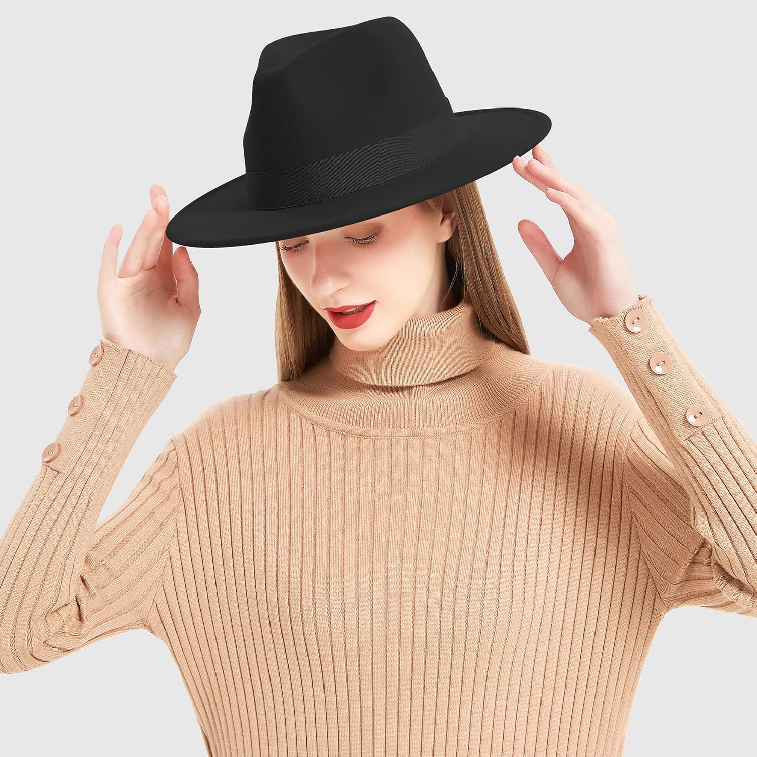 Wide Brim Fedora Hats for Women & Men Classic Dress Panama Hat Adjustable Felt Hat with Band - Image 6