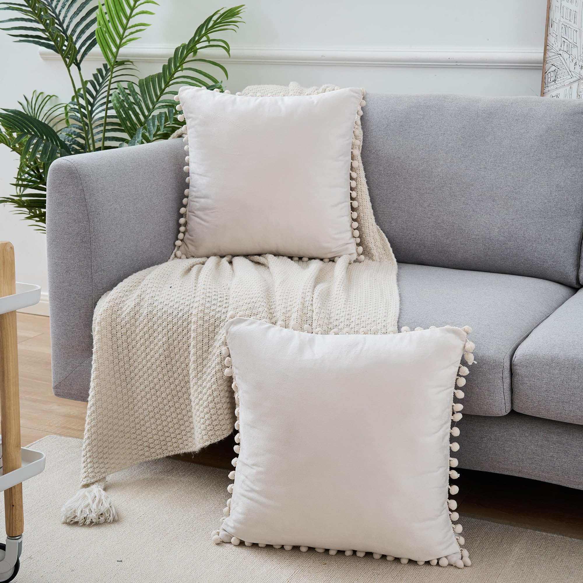 Uxcell Pack of 2 Velvet Throw Pillow Covers with Pompoms Decorative Pillow Cases Fringe Cushion Covers Velvet Square Sham for Farmhouse Bedroom Living Room Beige 40 x 40 cm - Image 3