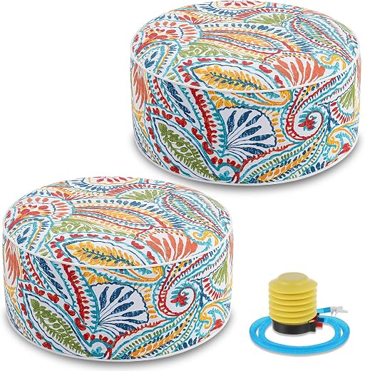 Juexica 2 Pack Outdoor/Indoor Inflatable Ottoman 21 x 9 Inch Paisley All Weather Round Footrest Stool with Handle Water Re...