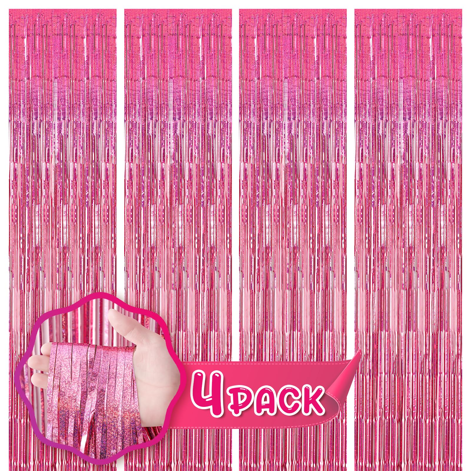 Voircoloria 4 Pack 3.3x8.2 Feet Laser Pink Foil Fringe Backdrop Curtains, Tinsel Streamers Birthday Party Decorations, Fringe Backdrop for Graduation, Baby Shower, Gender Reveal, Disco Party