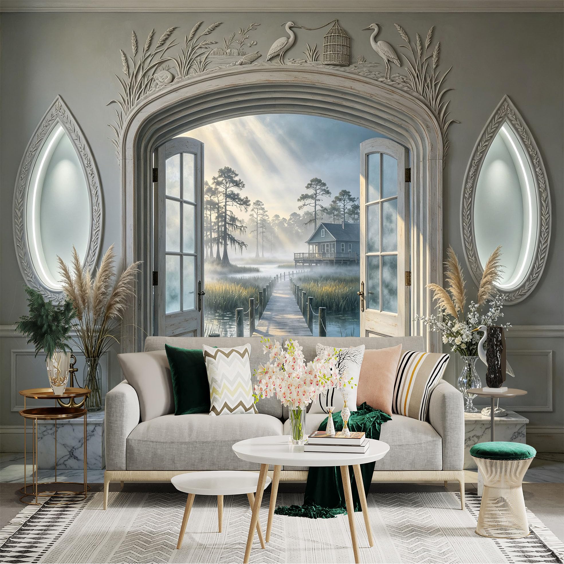 Custom Size Wall Sticker Mural， Coastal Pier with Lake House， Misty Forest Sunrise， Rustic Doorway， for wall Decoration， peelandstick wall Decals.