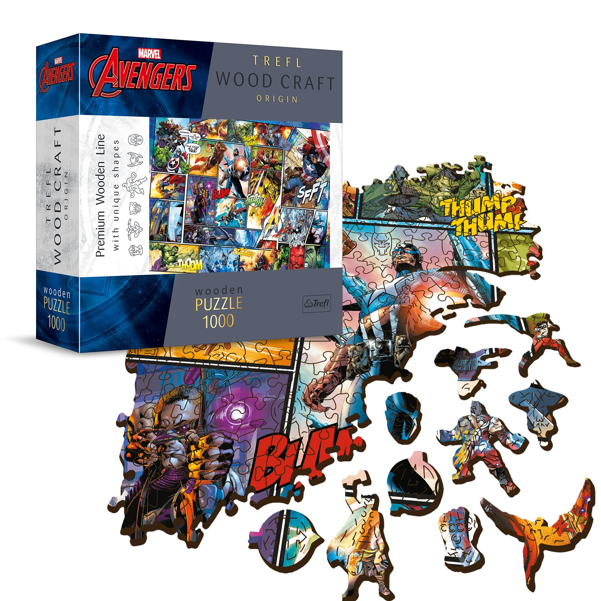 Trefl - Holzpuzzle: Marvel Comic Universe - 1000 Elemente, Wood Craft, Holzhandwerk, unregelmäßige Formen, 100 Superheldenfiguren und -Attribute, Premium-Puzzle, holzpuzzle Erwachsene