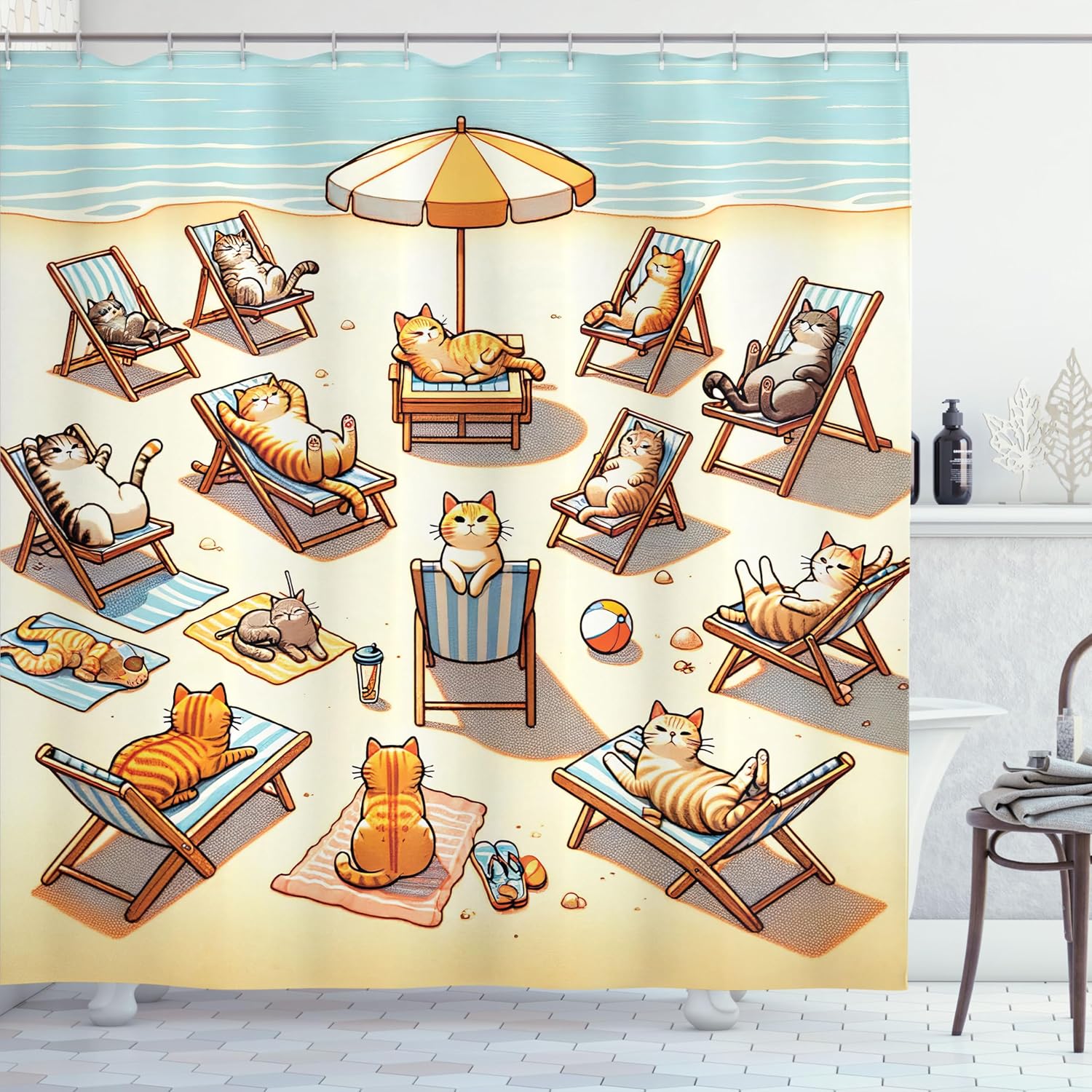 Ambesonne Cat Shower Curtain, Summer Time Fun Cartoon Sandy Beach Scene with Happy Kittens in Sun Beds, Cloth Fabric Bathroom Decor Set with Hooks, 69" W x 75" L, Beige Orange Pale Blue