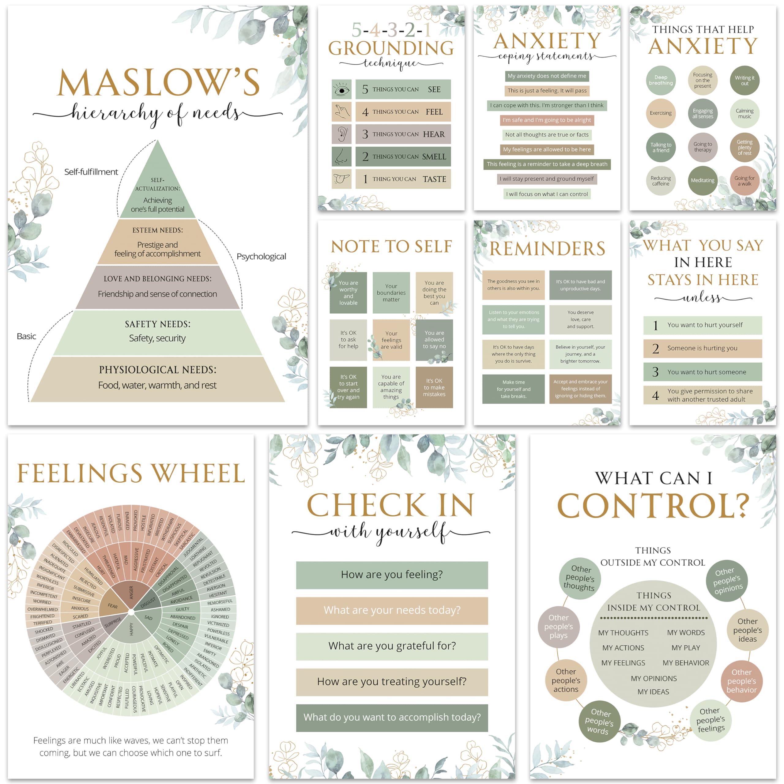 HAMIEW 10 Greenery Mental Health Posters, Anxiety Therapy Matters Poster, Counseling Office Must Haves, School Counselor Supplies, Decor - Home Classroom Decoration, Gifts