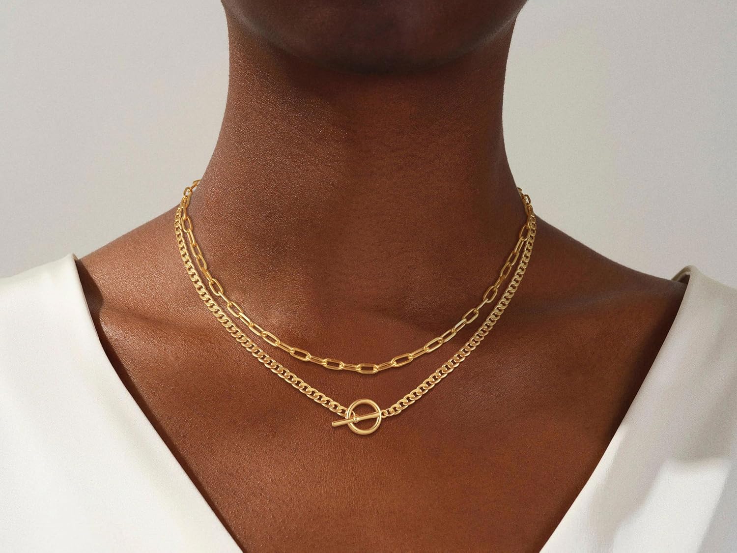 Gold Layered Necklaces for Women, 14K Dainty Gold Chain Trendy Cuban Link Paperclip Chain Toggle Clasp Necklace Fashion Chunky Jewelry for Women - Image 2